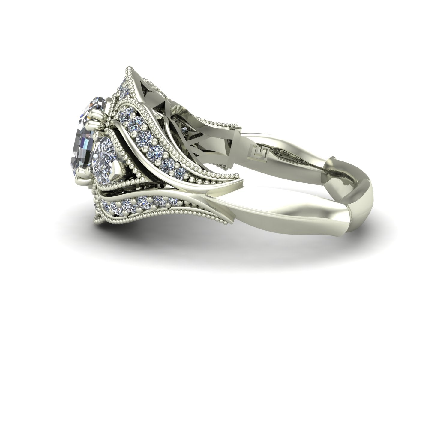 Oval and pear diamond engagement ring in 18k white gold - Charles Babb Designs - side view