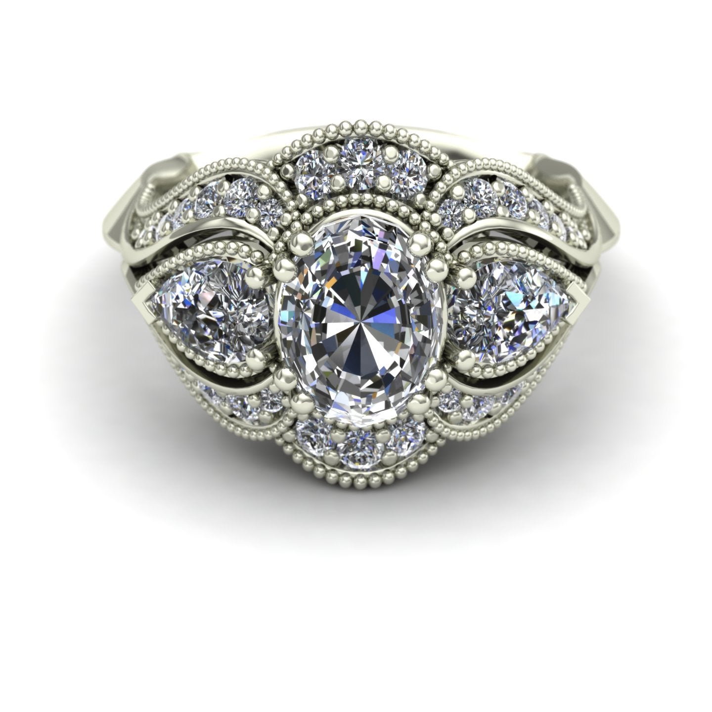 Oval and pear diamond engagement ring in 18k white gold - Charles Babb Designs - top view