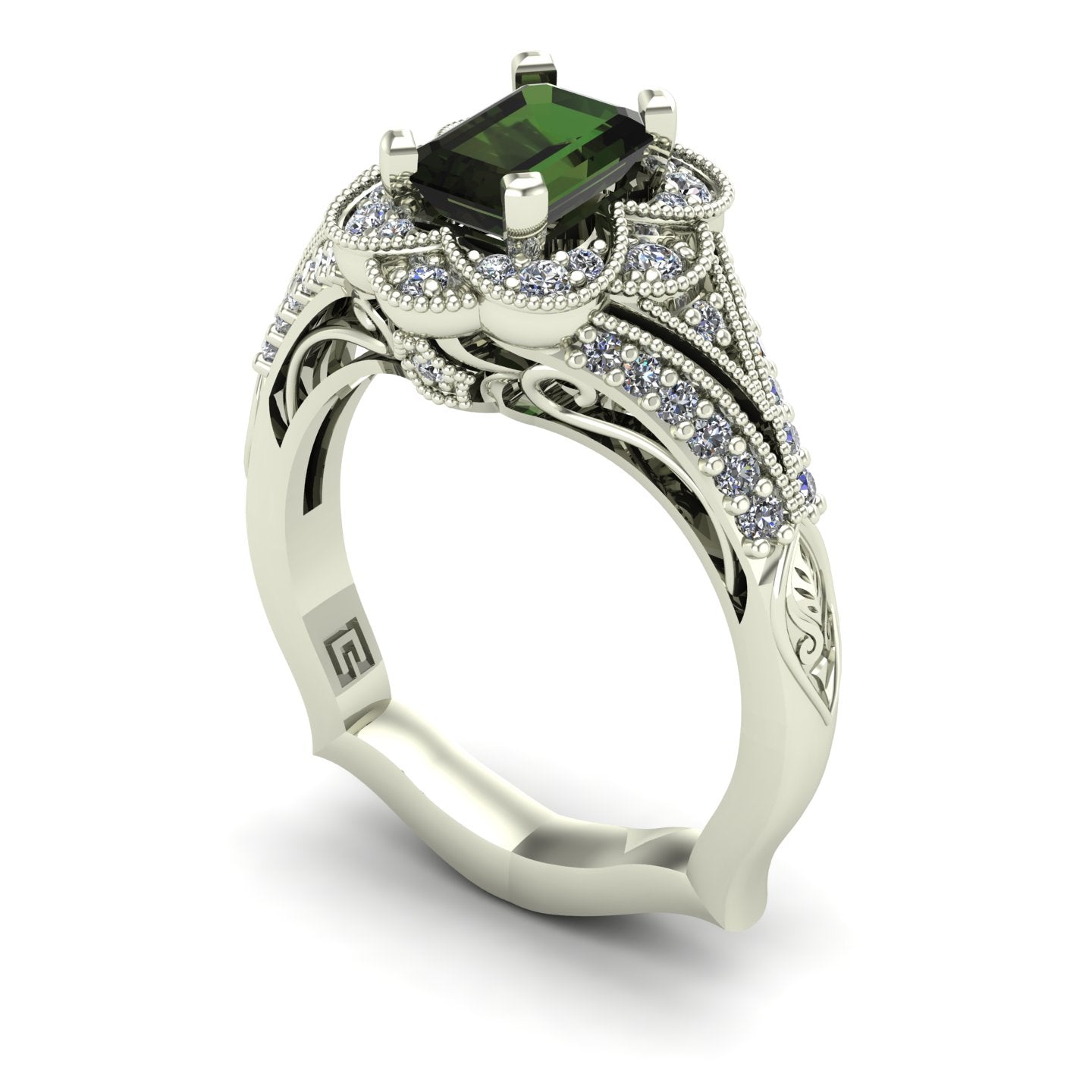 Green tourmaline and diamond emerald cut ring in 14k white gold