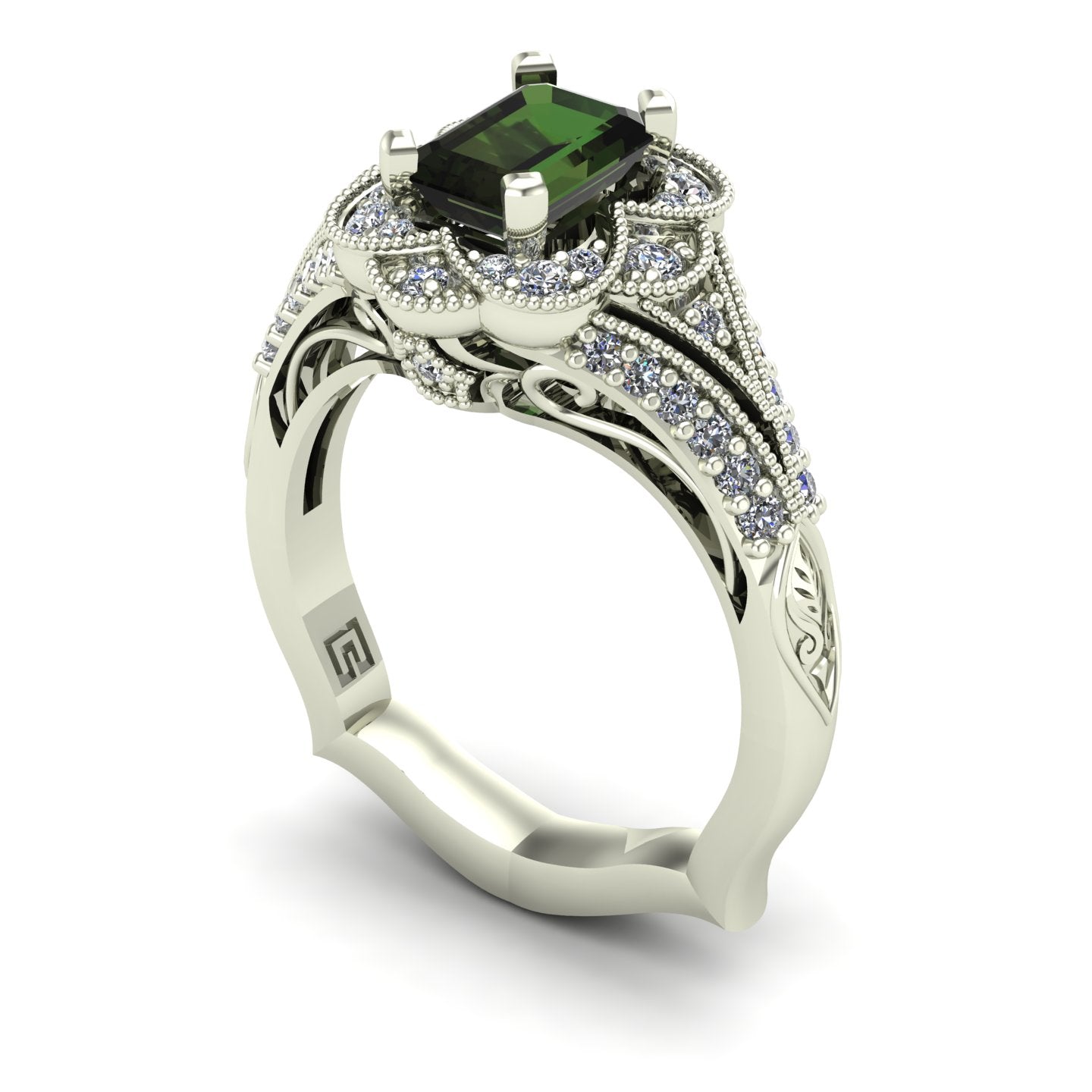 emerald cut green tourmaline and diamond scallop halo ring in 14k white gold - Charles Babb Designs