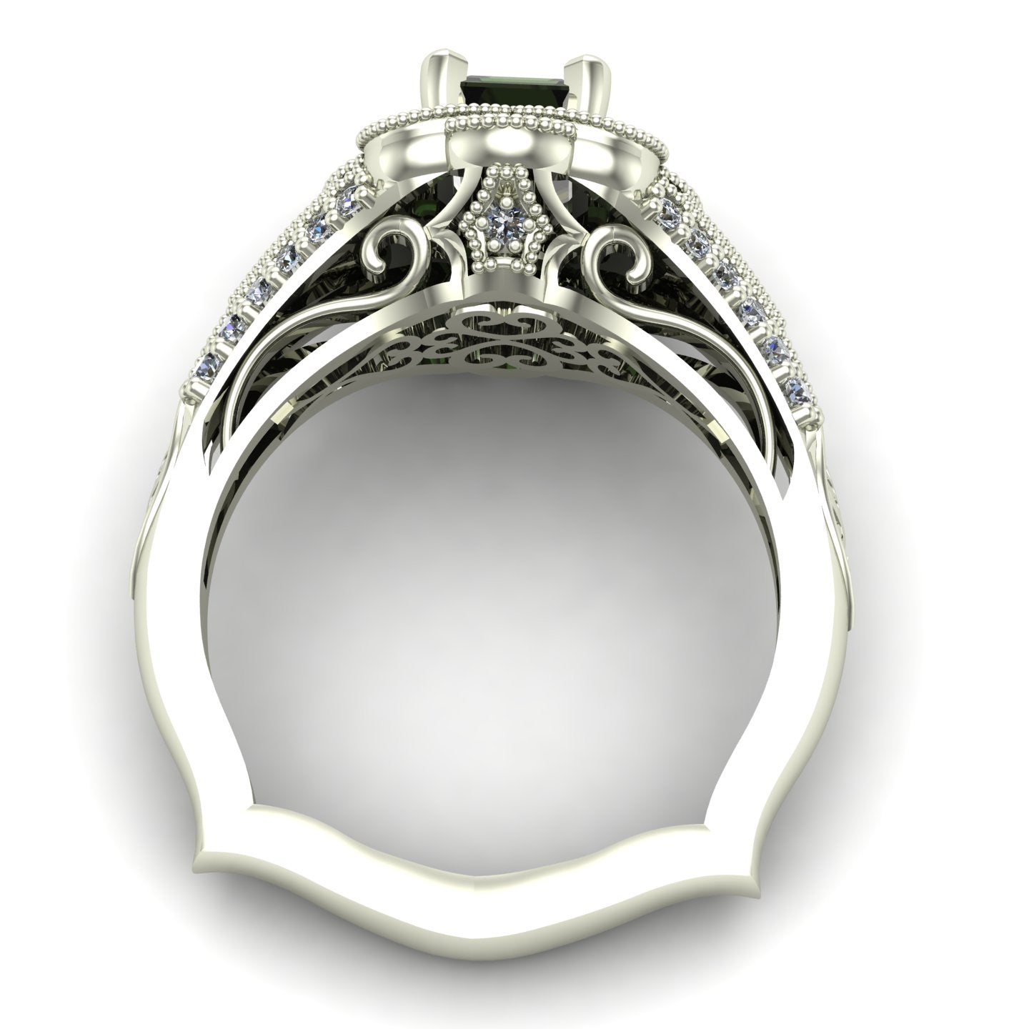 emerald cut green tourmaline and diamond scallop halo ring in 14k white gold - Charles Babb Designs - through finger view