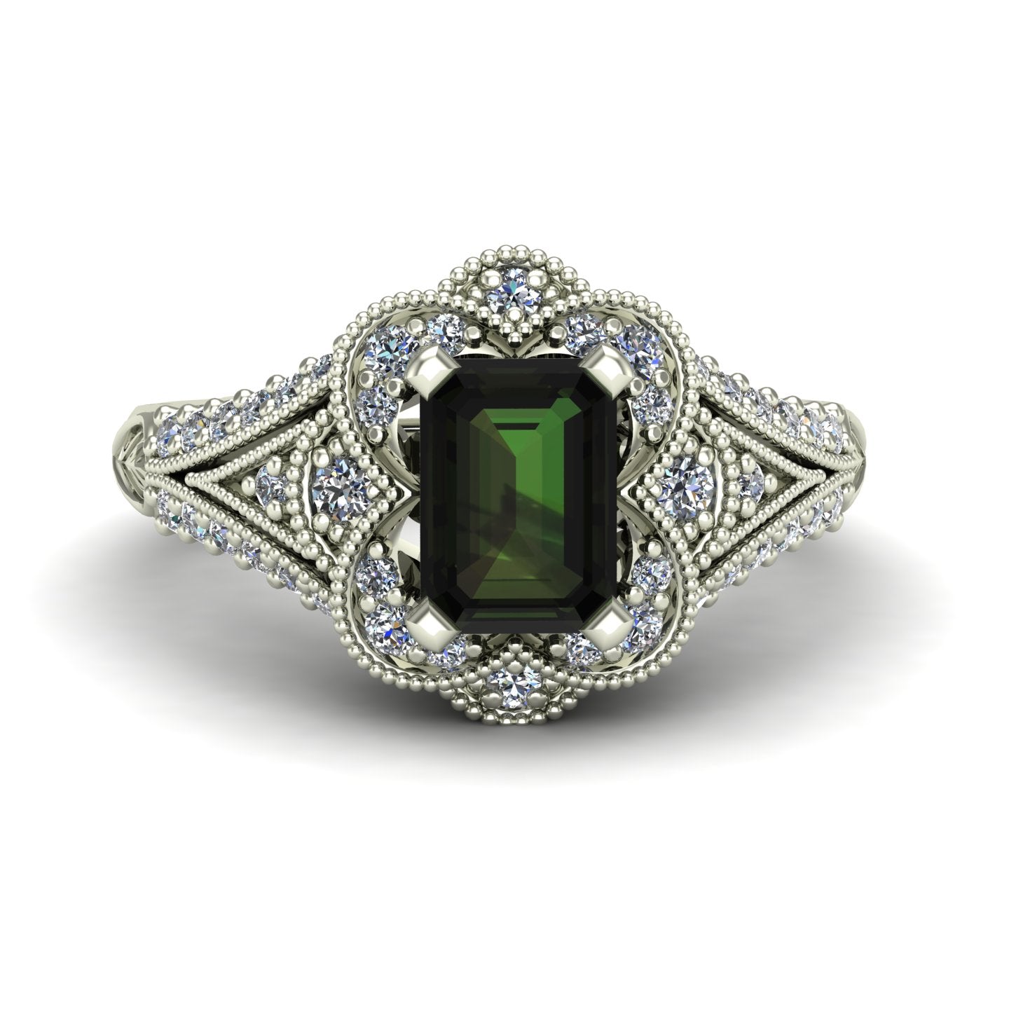 emerald cut green tourmaline and diamond scallop halo ring in 14k white gold - Charles Babb Designs - top view
