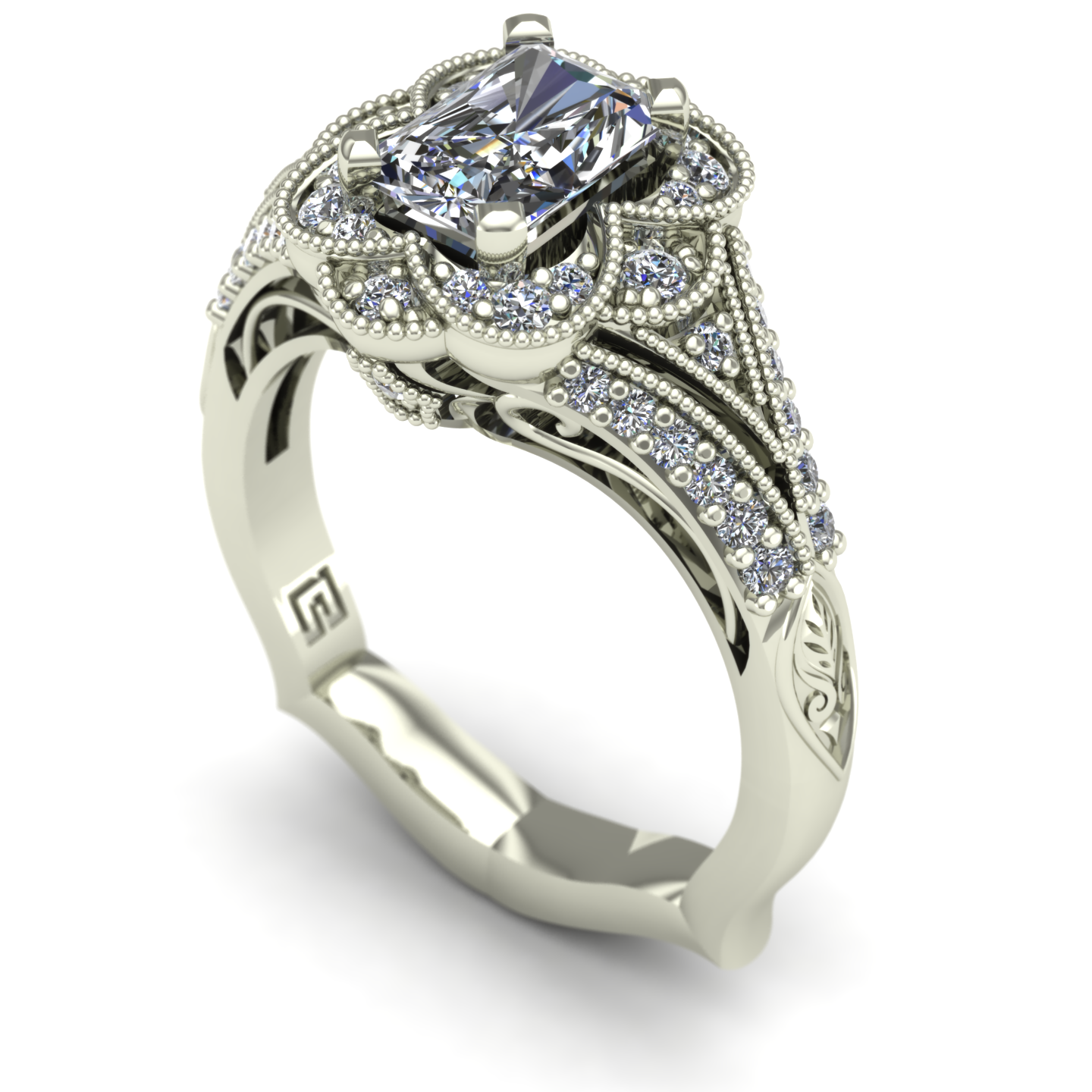 one carat radiant cut diamond scallop halo engagement ring in 14k white gold - Charles Babb Designs