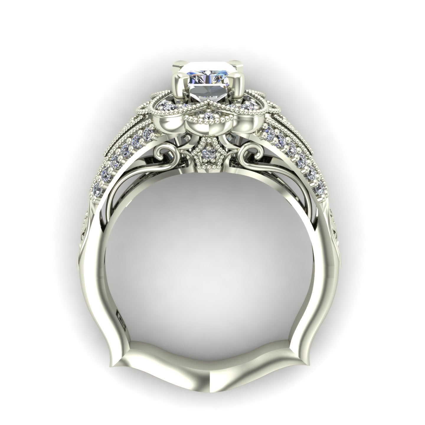 one carat radiant cut diamond scallop halo engagement ring in 14k white gold - Charles Babb Designs - through finger view