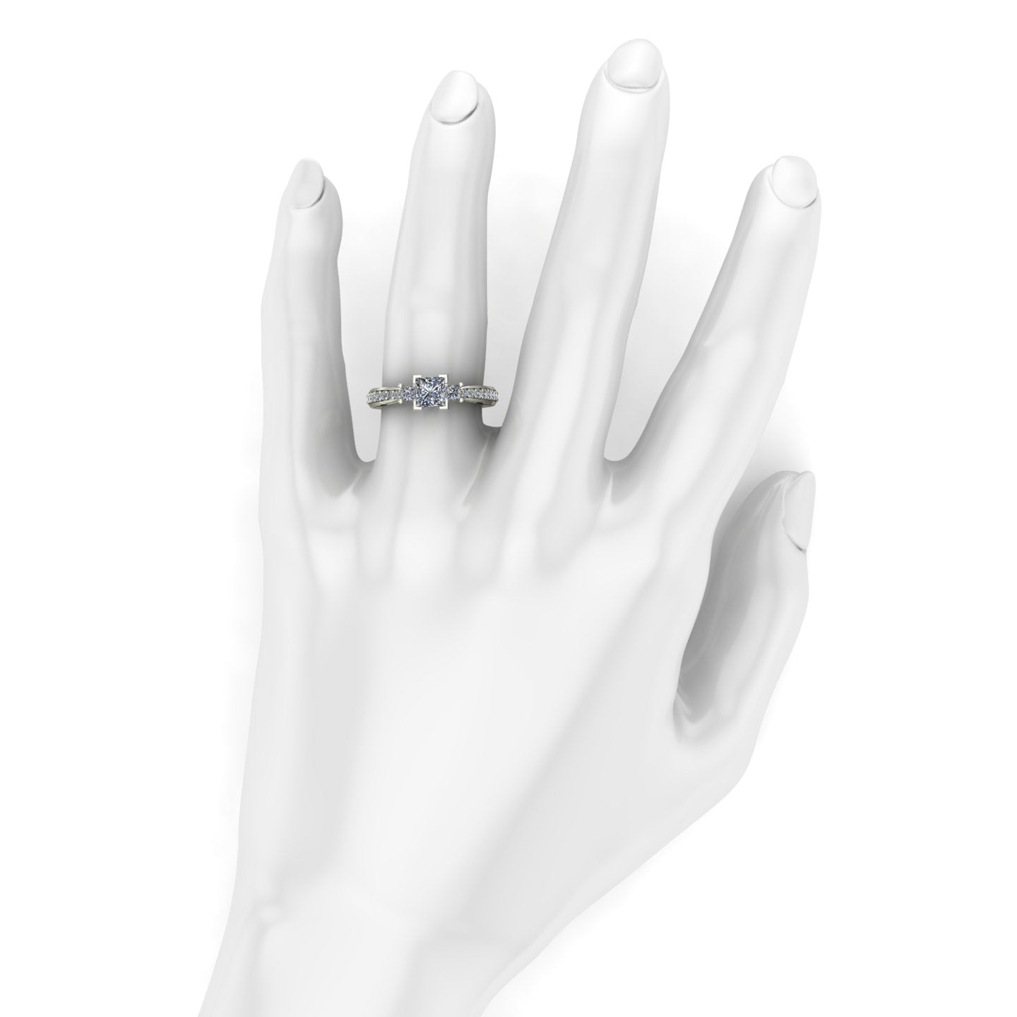 three quarter carat princess diamond three stone engagement ring in 14k white gold - Charles Babb Designs - on hand