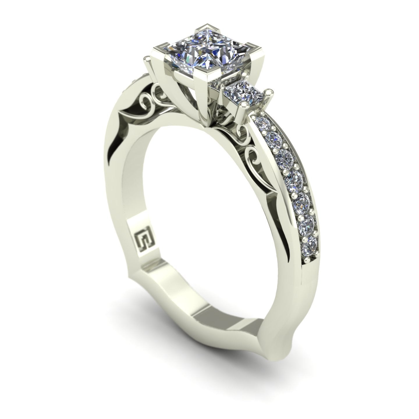 three quarter carat princess diamond three stone engagement ring in 14k white gold - Charles Babb Designs