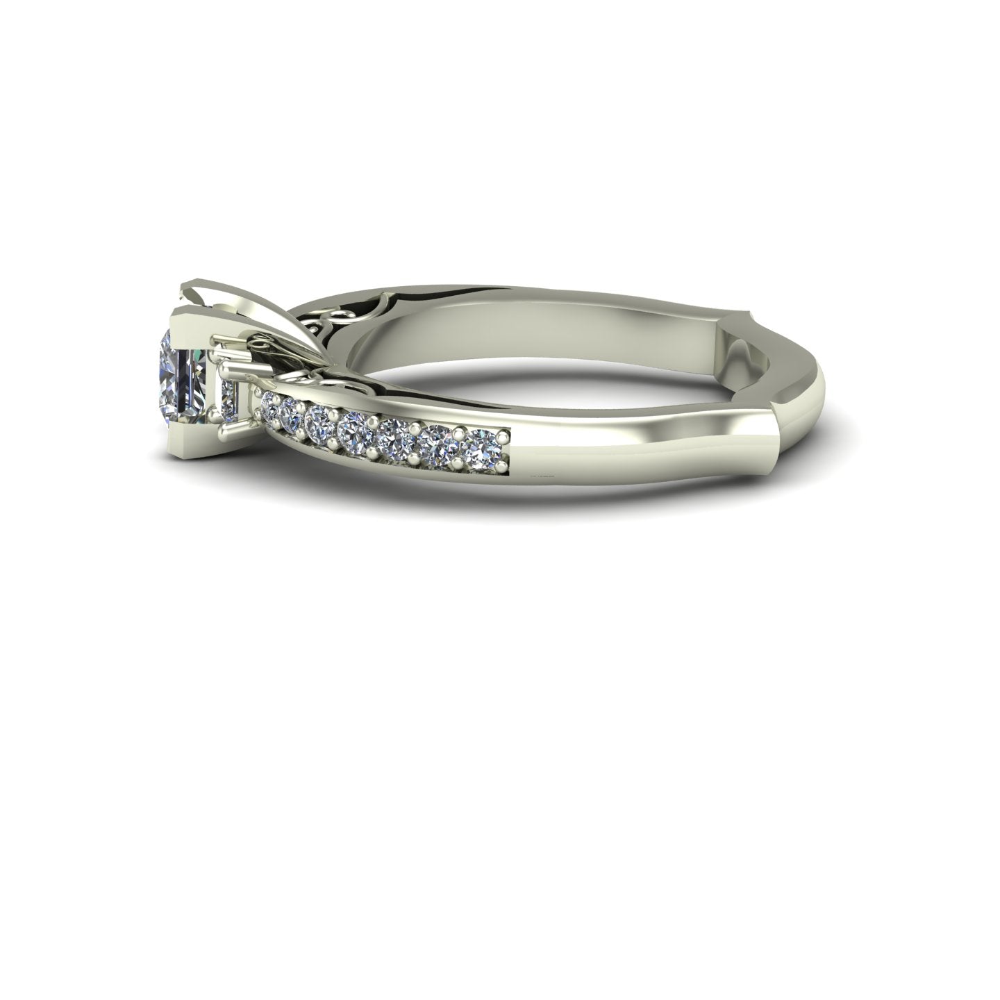 three quarter carat princess diamond three stone engagement ring in 14k white gold - Charles Babb Designs - side view