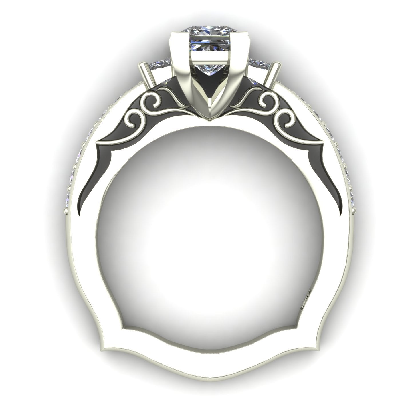 three quarter carat princess diamond three stone engagement ring in 14k white gold - Charles Babb Designs - through finger view