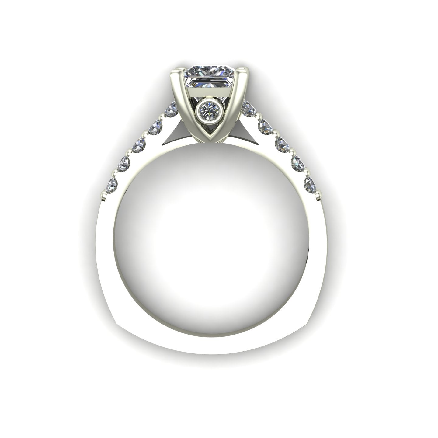 three quarter carat princess cut diamond engagement ring in 14k white gold - Charles Babb Designs - through finger view