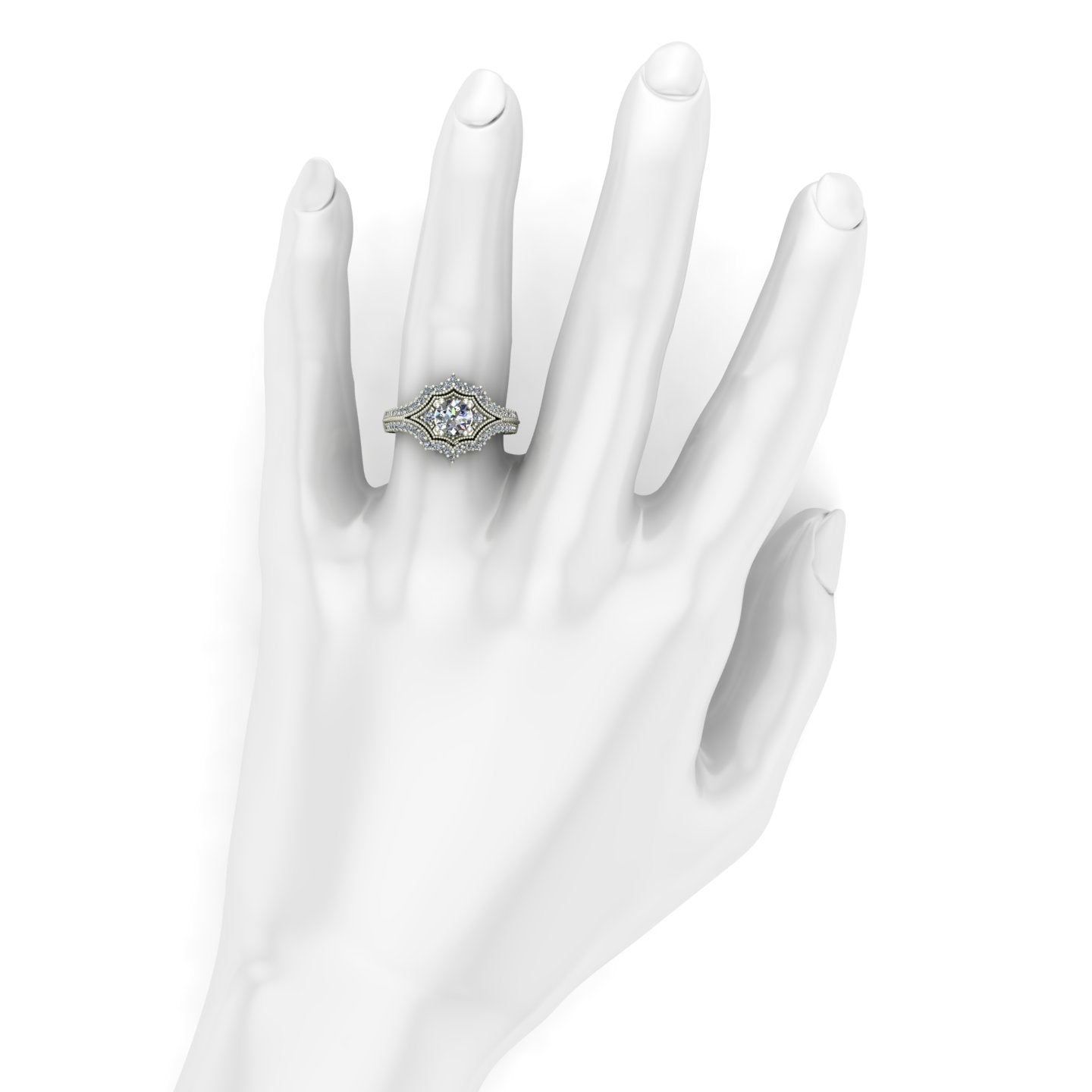 three quarter carat diamond three stone engagement ring with floral carving in 14k white gold - Charles Babb Designs - on hand