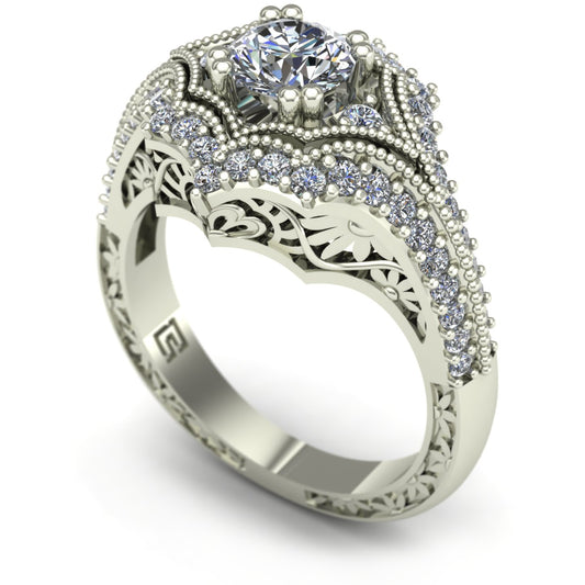 three quarter carat diamond three stone engagement ring with floral carving in 14k white gold - Charles Babb Designs
