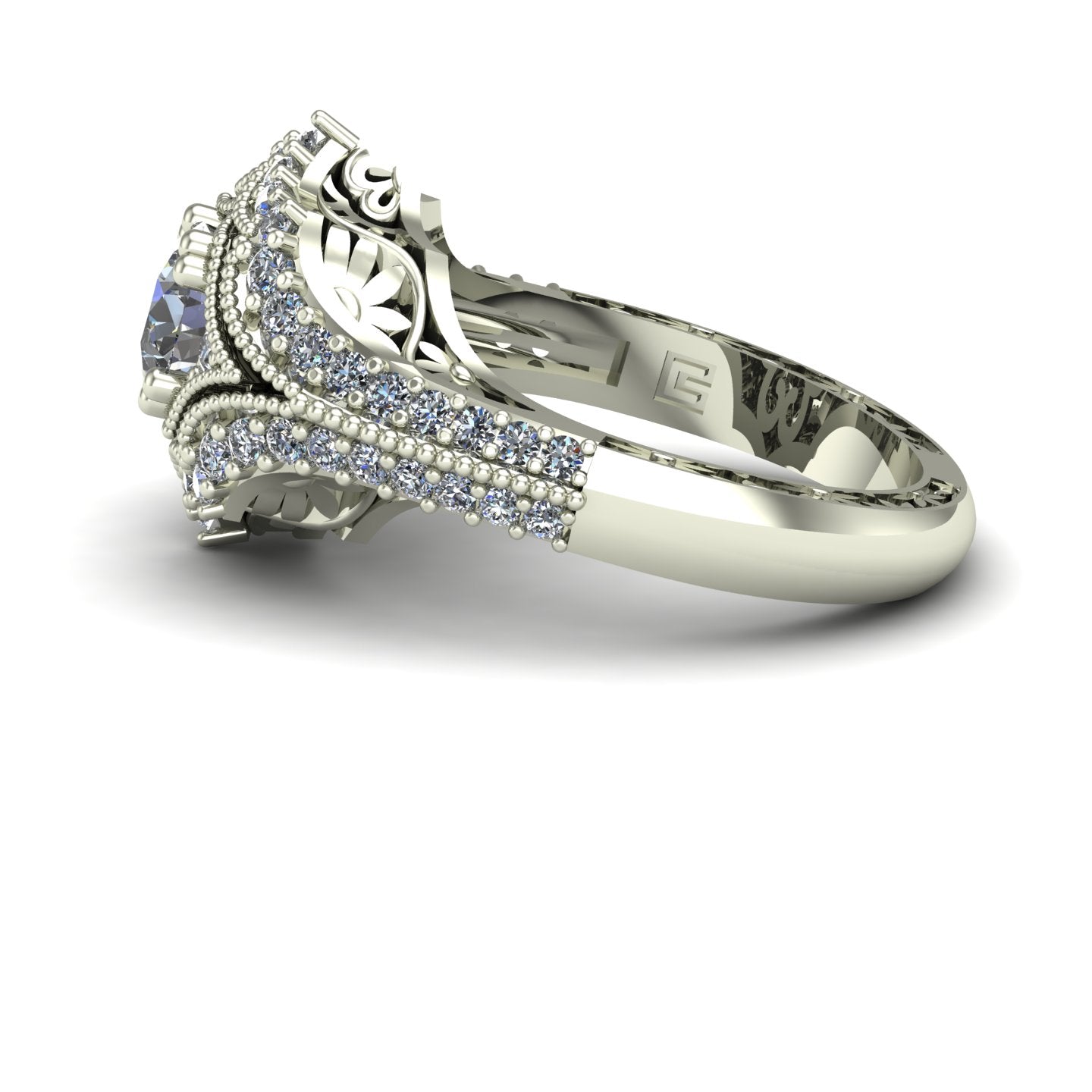 three quarter carat diamond three stone engagement ring with floral carving in 14k white gold - Charles Babb Designs - side view