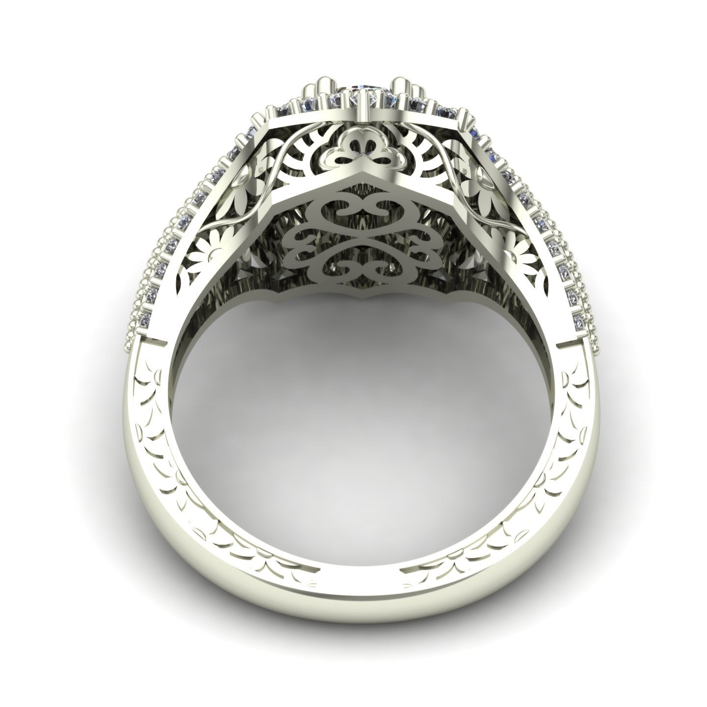 three quarter carat diamond three stone engagement ring with floral carving in 14k white gold - Charles Babb Designs - through finger view