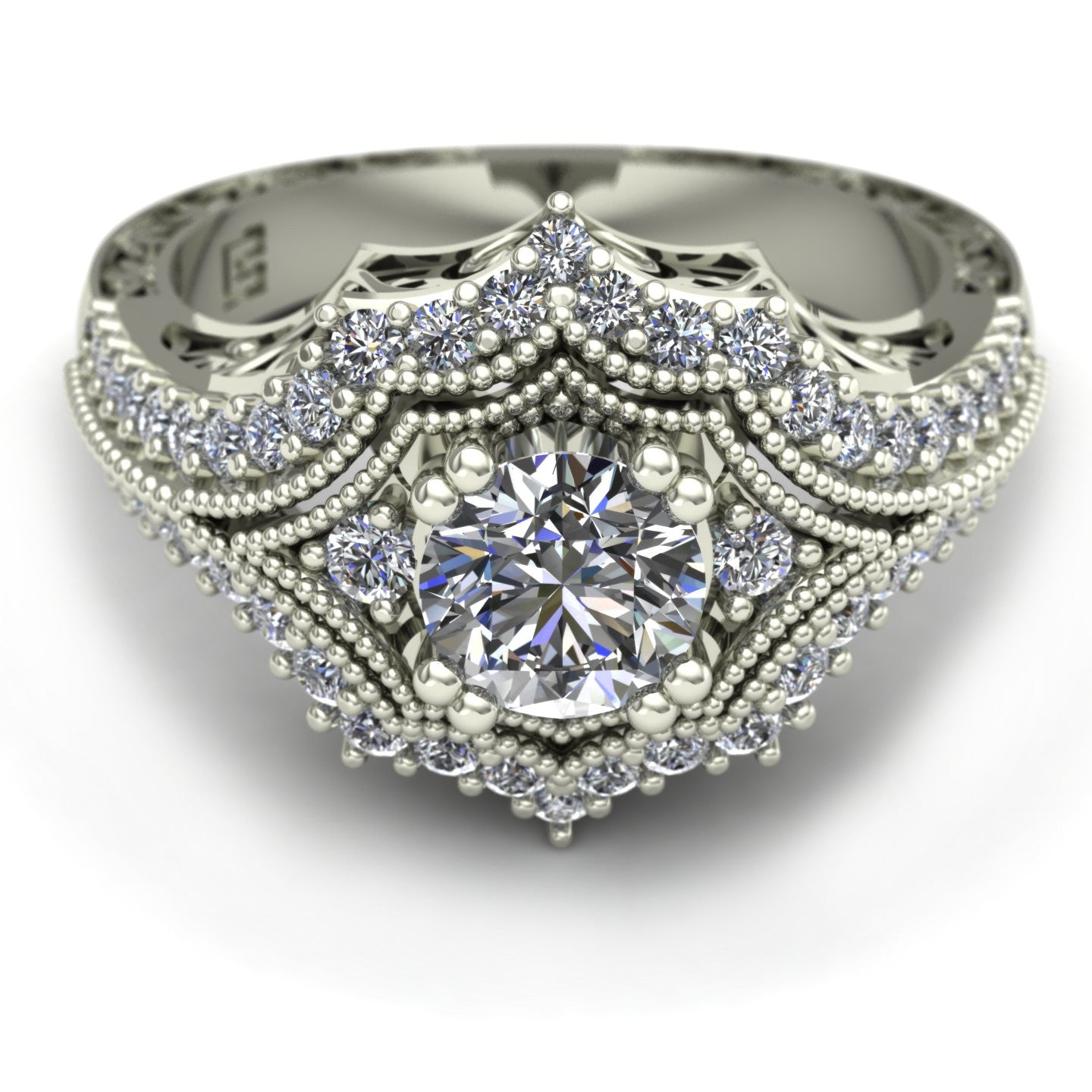 three quarter carat diamond three stone engagement ring with floral carving in 14k white gold - Charles Babb Designs - top view