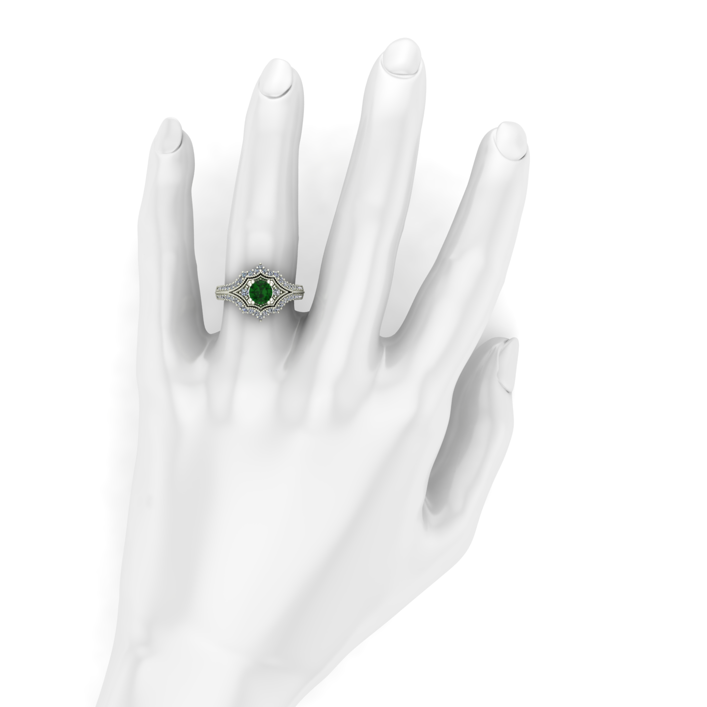 Emerald and diamond ring with floral carving in 14k white gold - Charles Babb Designs - on hand