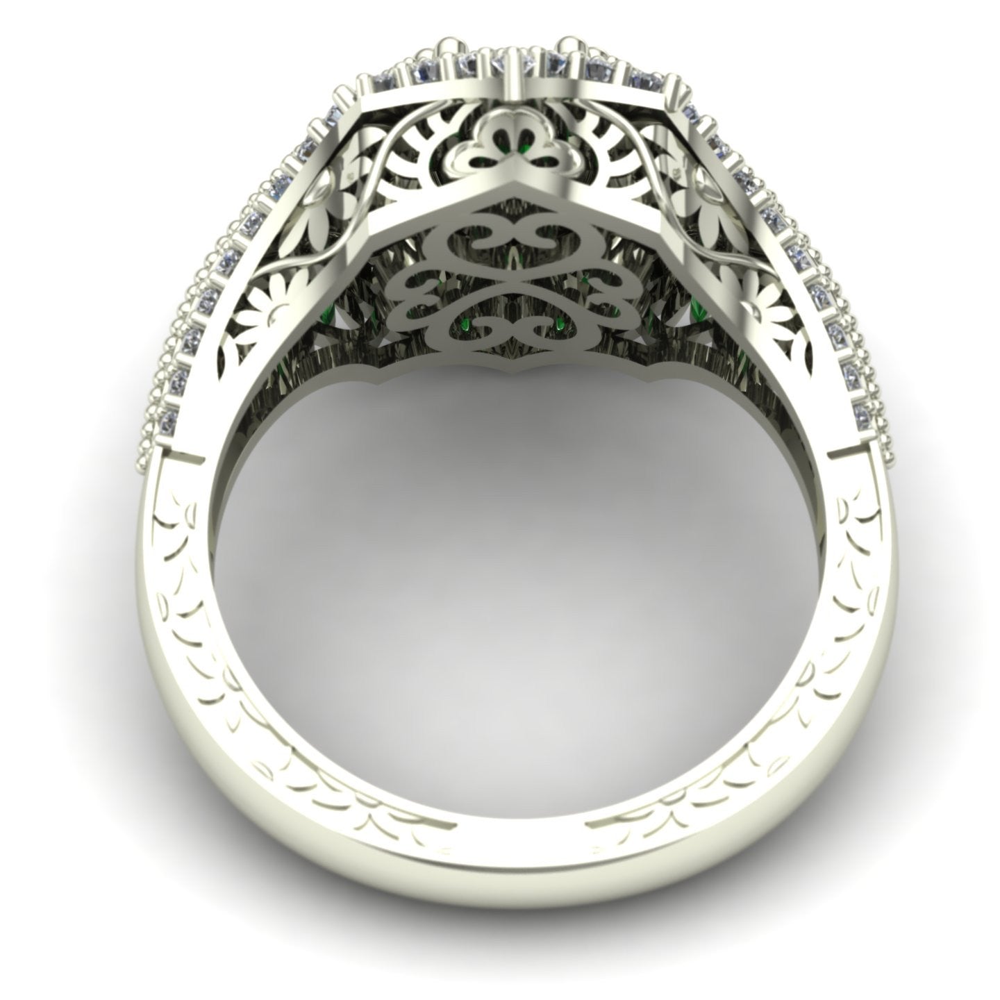 Emerald and diamond ring with floral carving in 14k white gold - Charles Babb Designs - through finger view