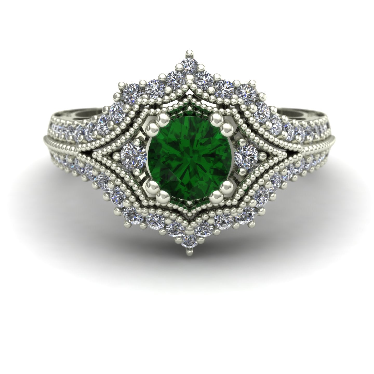 Emerald and diamond ring with floral carving in 14k white gold - Charles Babb Designs - top view