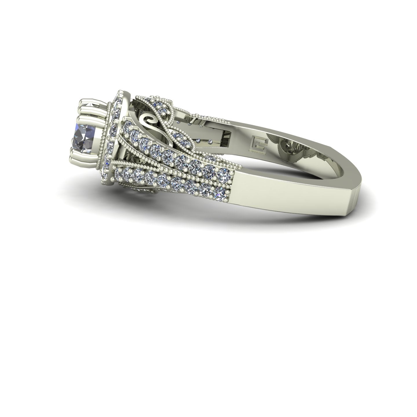 three quarter carat diamond engagement ring with scallop design in 14k white gold - Charles Babb Designs - side view
