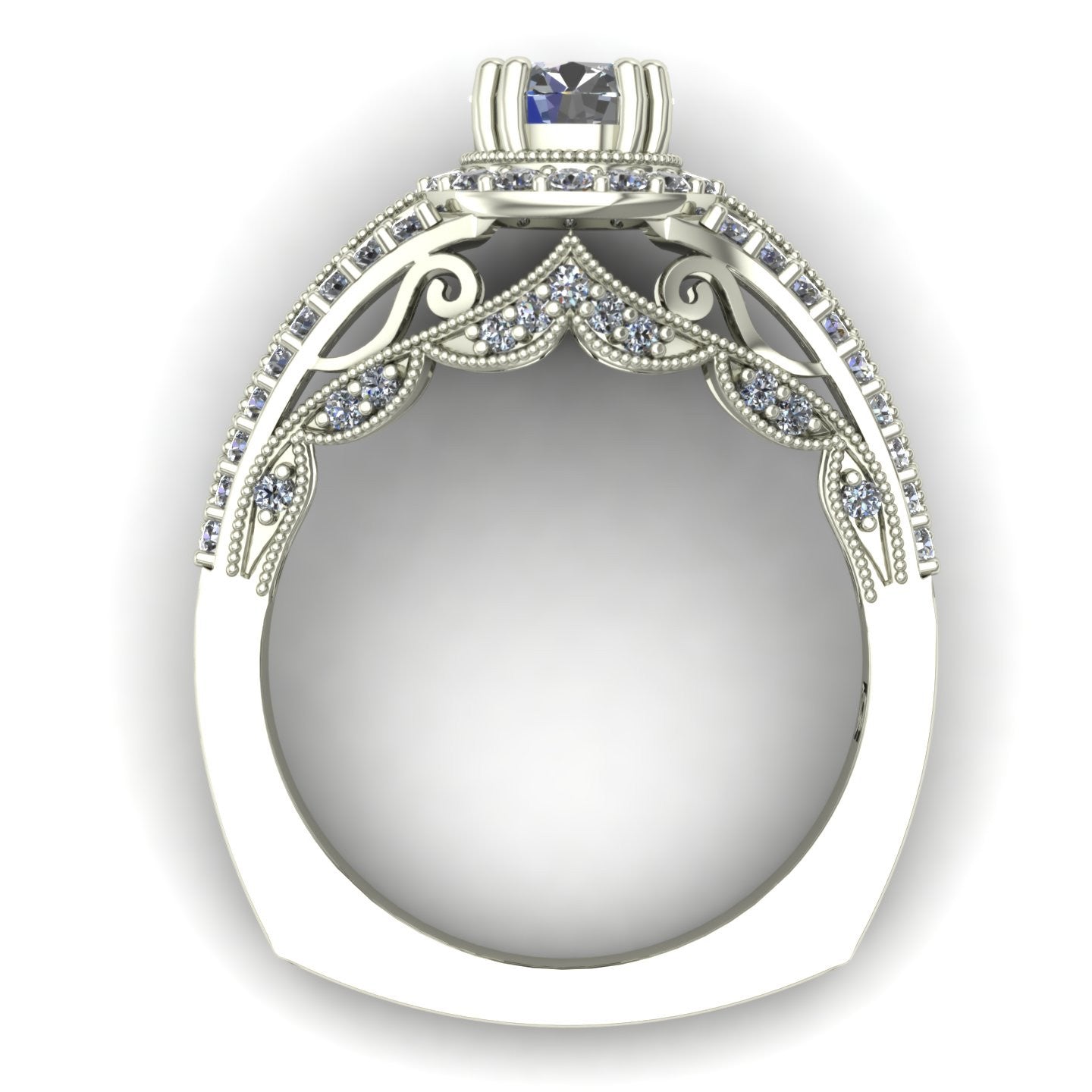 three quarter carat diamond engagement ring with scallop design in 14k white gold - Charles Babb Designs - through finger view