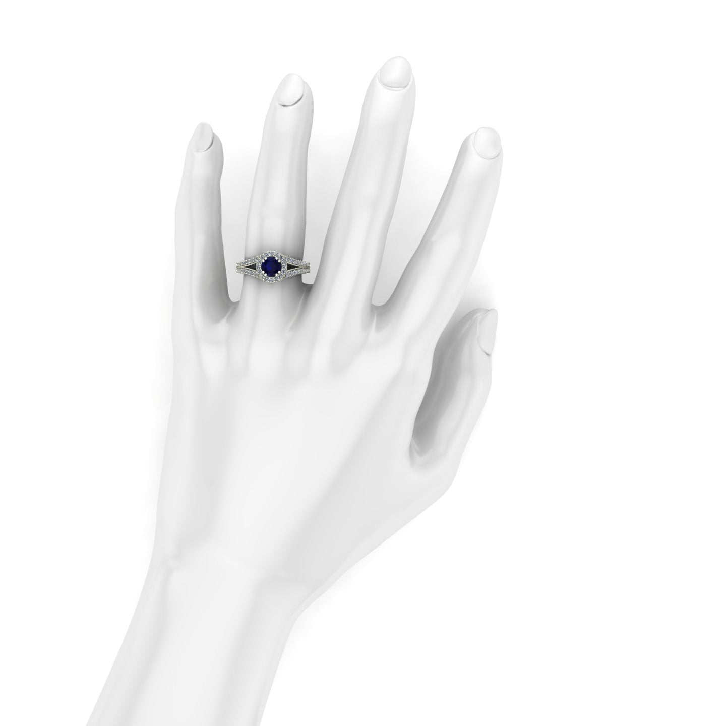 Blue sapphire and diamond scallop ring in 14k white gold - Charles Babb Designs - on hand