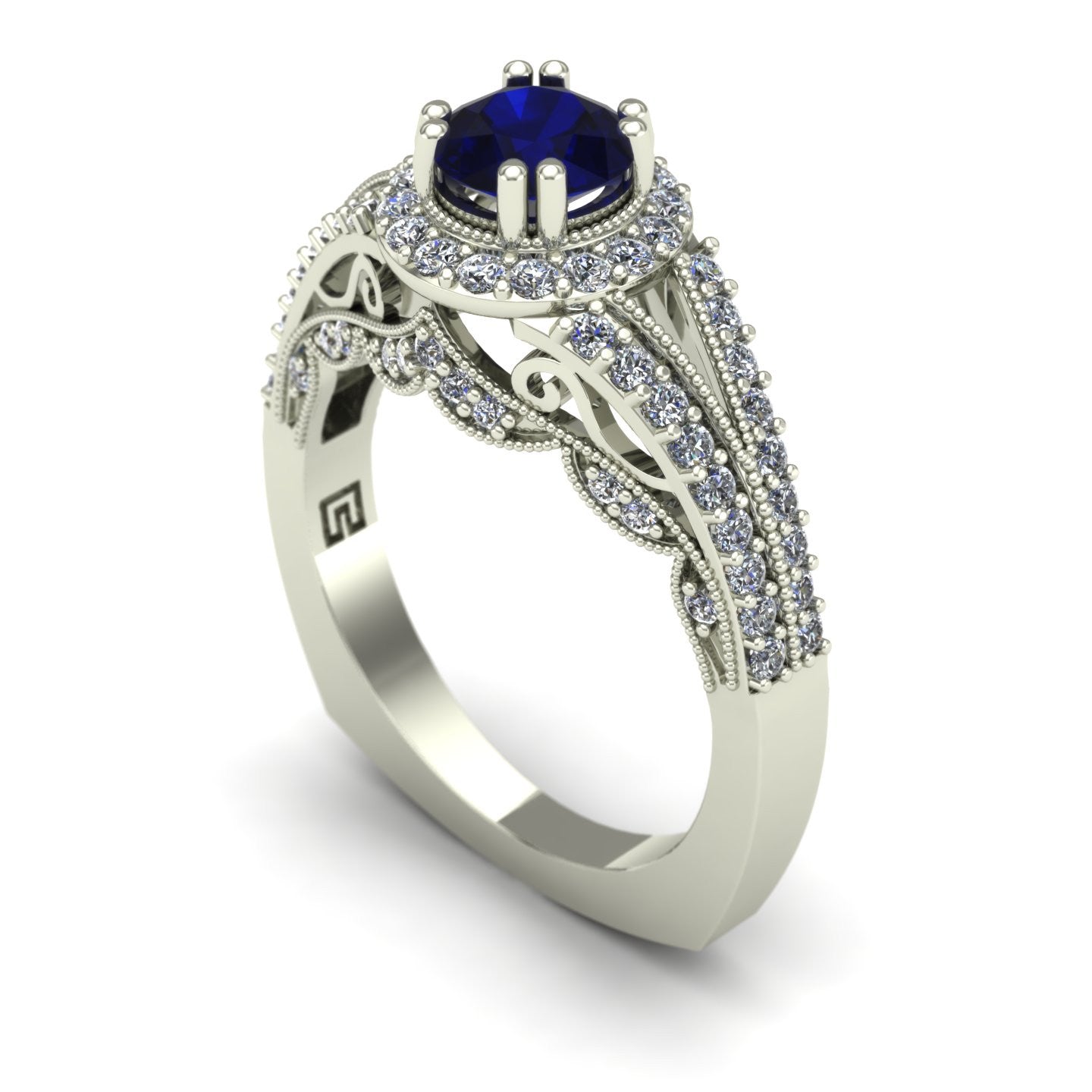 Blue sapphire and diamond scallop ring in 14k white gold