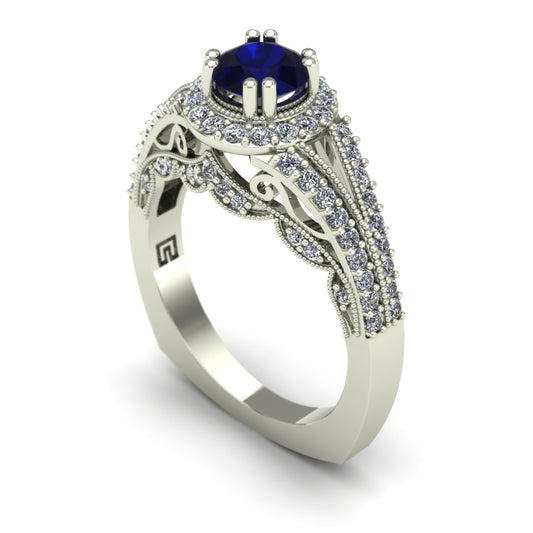 Blue sapphire and diamond scallop ring in 14k white gold - Charles Babb Designs - 1