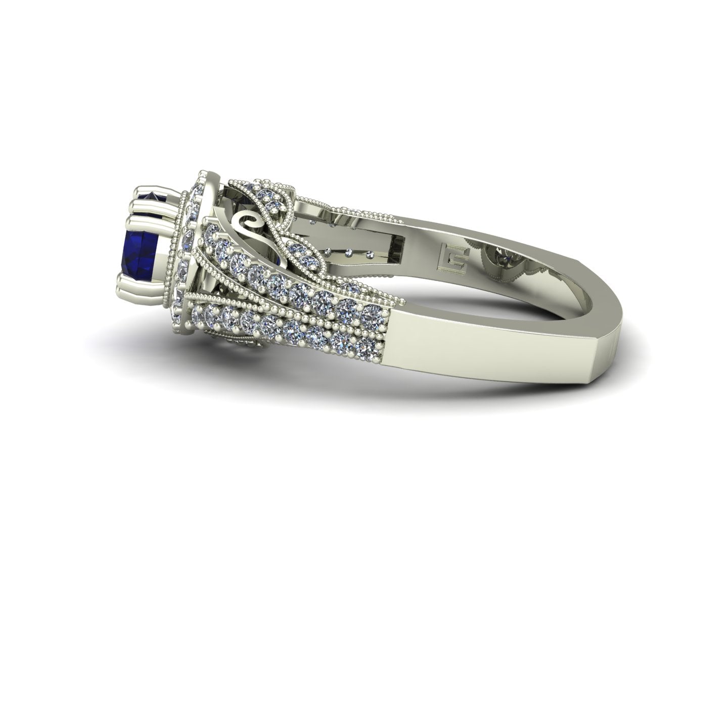 Blue sapphire and diamond scallop ring in 14k white gold - Charles Babb Designs - side view