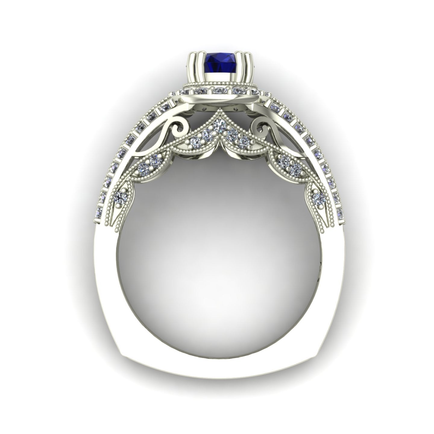 Blue sapphire and diamond scallop ring in 14k white gold - Charles Babb Designs - through finger