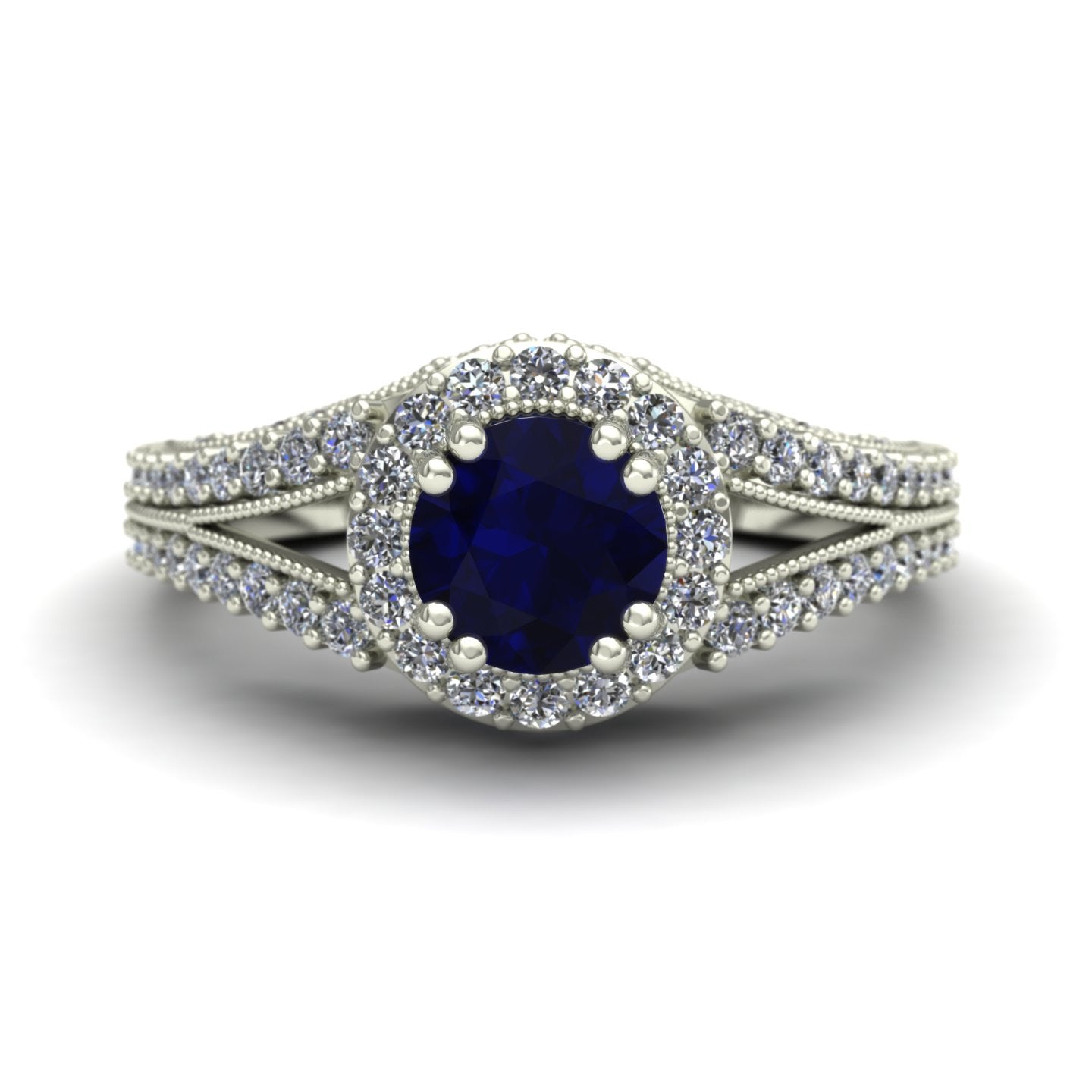Blue sapphire and diamond scallop ring in 14k white gold - Charles Babb Designs - top view