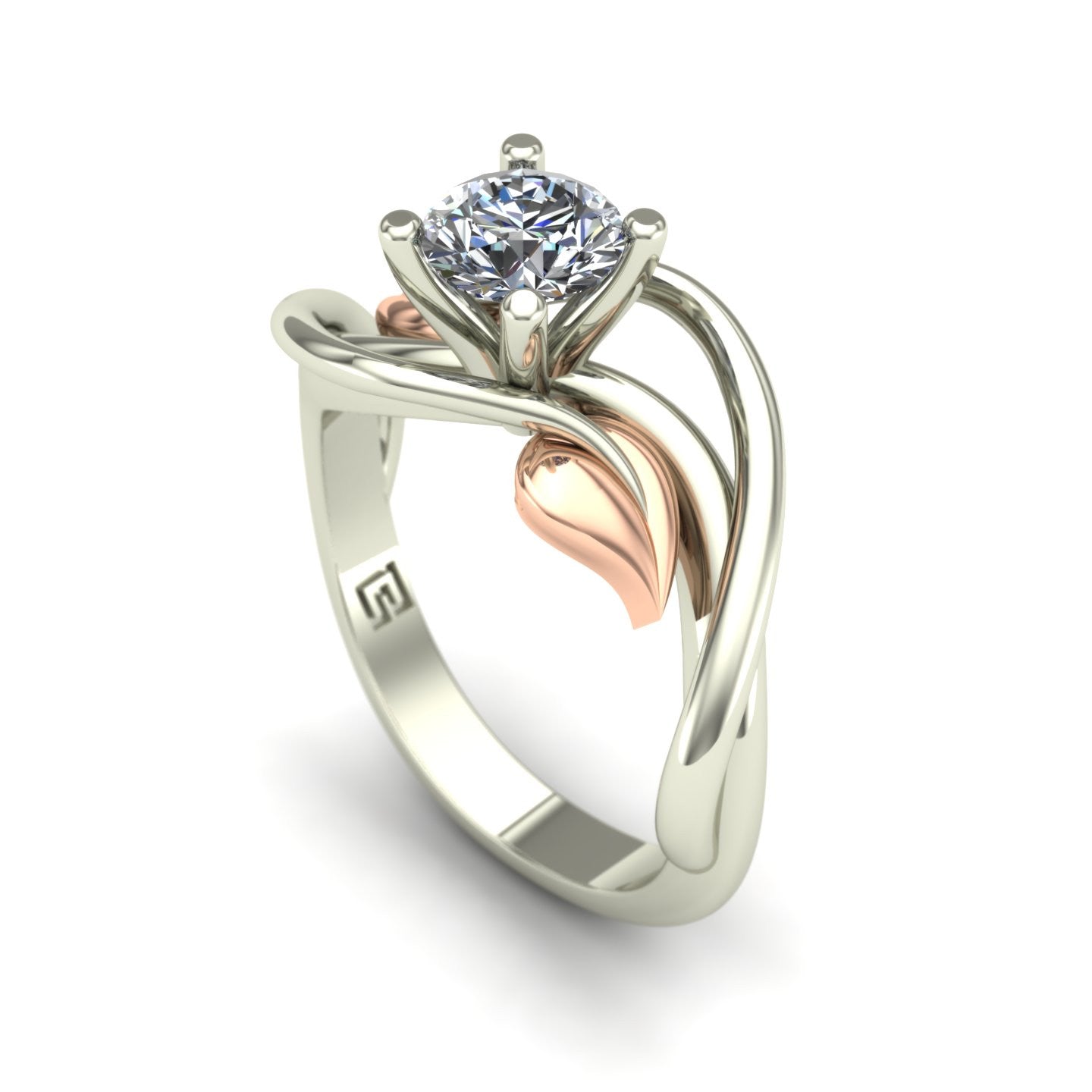 three quarter carat diamond solitaire engagement ring two tone with leaves in 14k rose and white gold - Charles Babb Designs