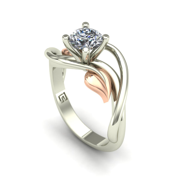Diamond solitaire engagement ring with leaves in 14k rose and white gold