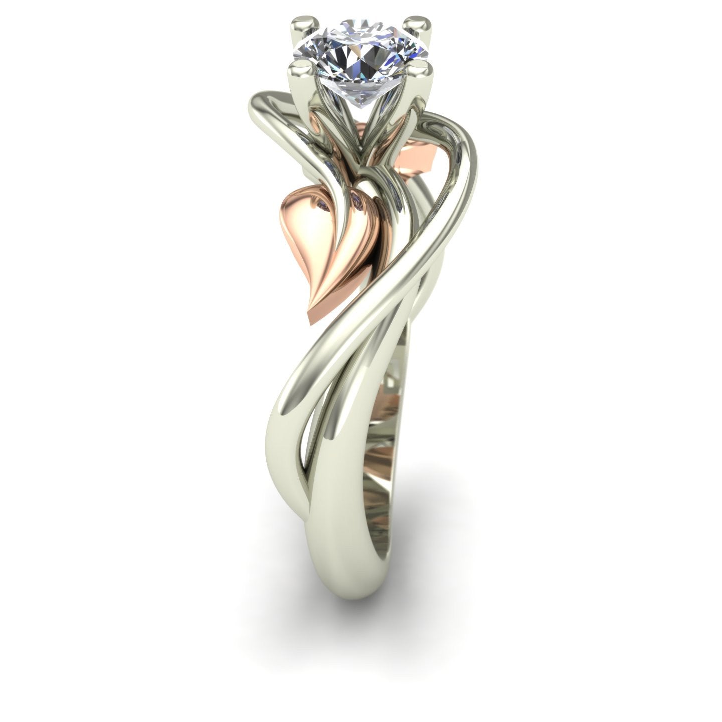three quarter carat diamond solitaire engagement ring two tone with leaves in 14k rose and white gold - Charles Babb Designs - side view