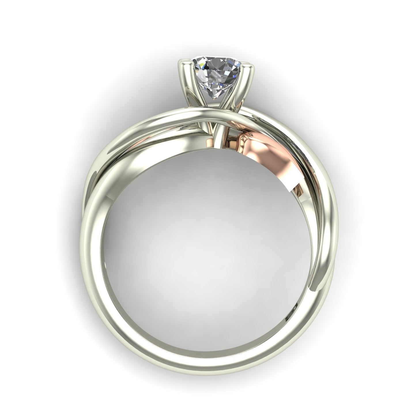 three quarter carat diamond solitaire engagement ring two tone with leaves in 14k rose and white gold - Charles Babb Designs - through finger view