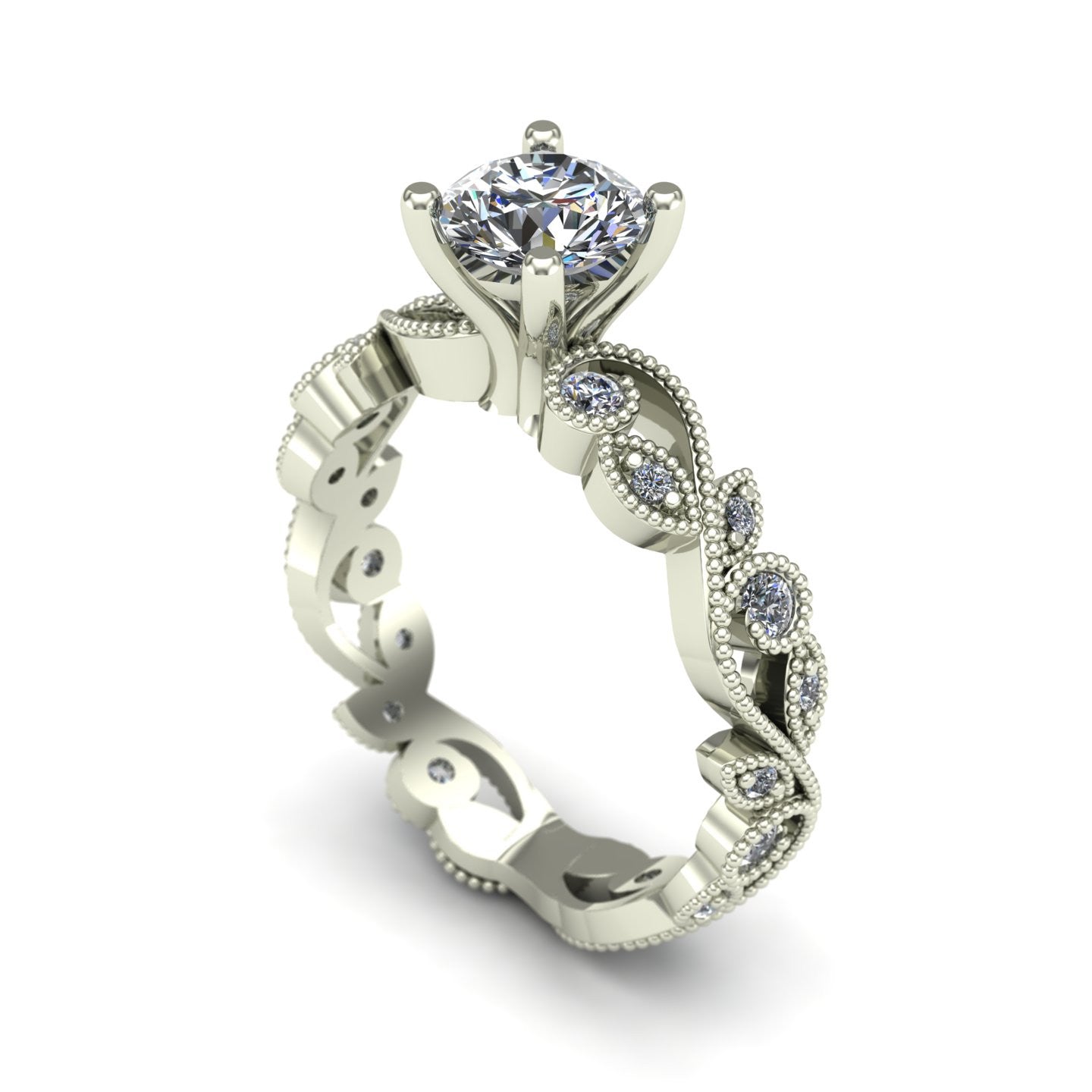 Diamond solitaire floral engagement ring in 14k white gold