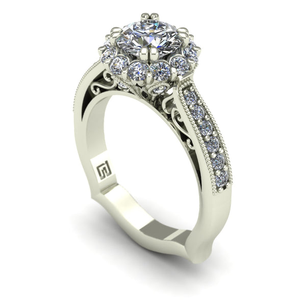 Diamond posey halo engagement ring in 14k white gold