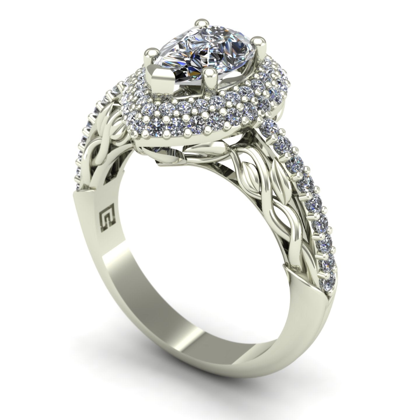 pear cut diamond double halo engagement ring with leaves and vines in 14k white gold - Charles Babb Designs