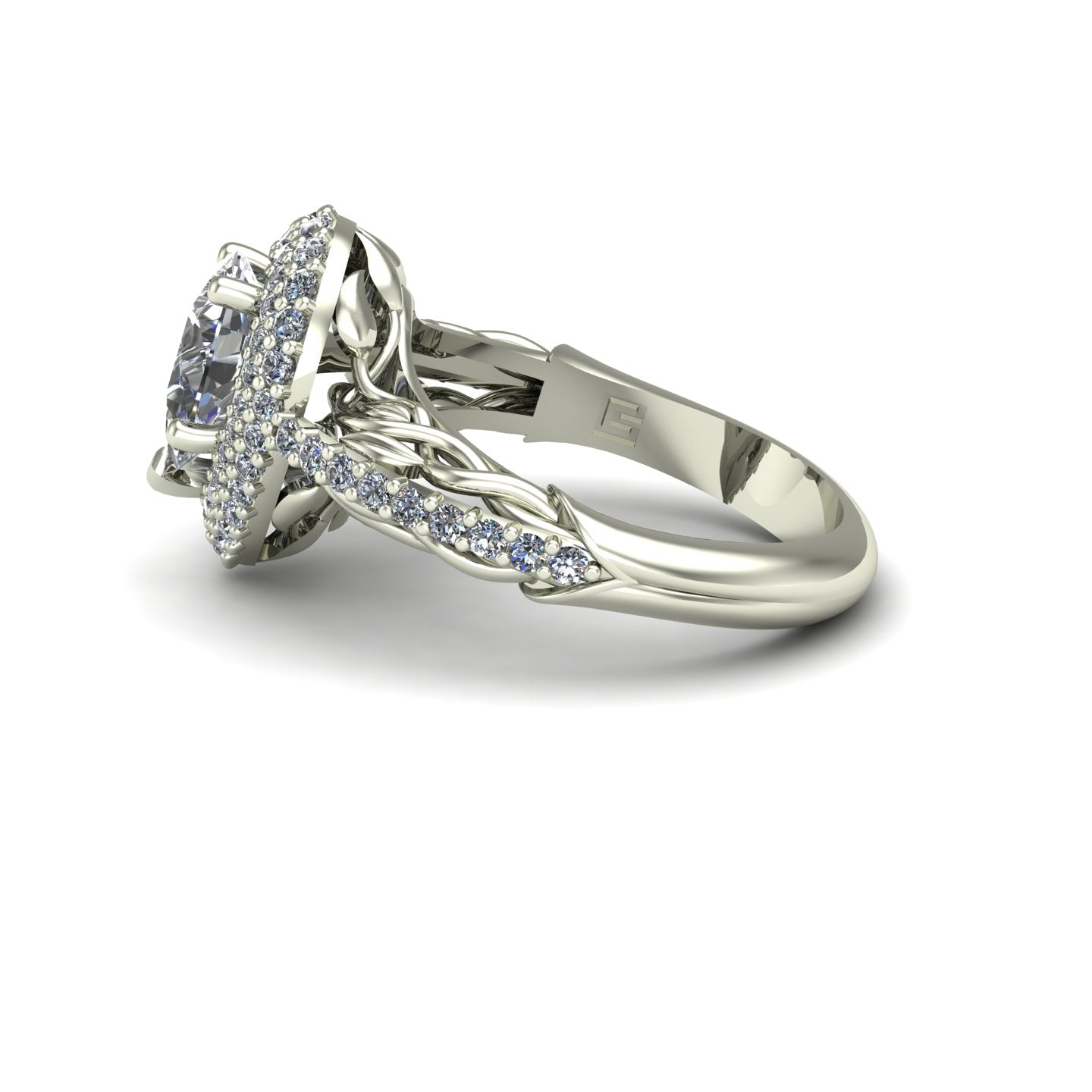 pear cut diamond double halo engagement ring with leaves and vines in 14k white gold - Charles Babb Designs - side view