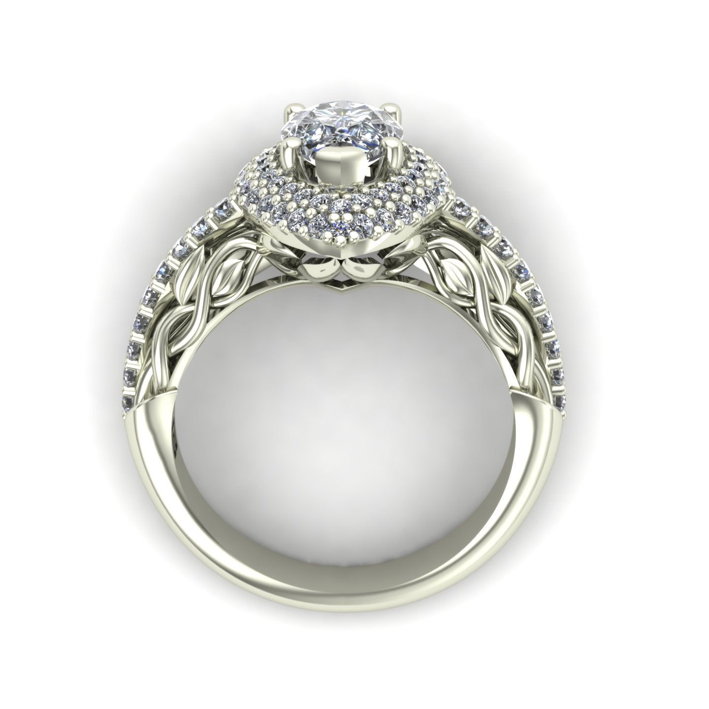 pear cut diamond double halo engagement ring with leaves and vines in 14k white gold - Charles Babb Designs - through finger view