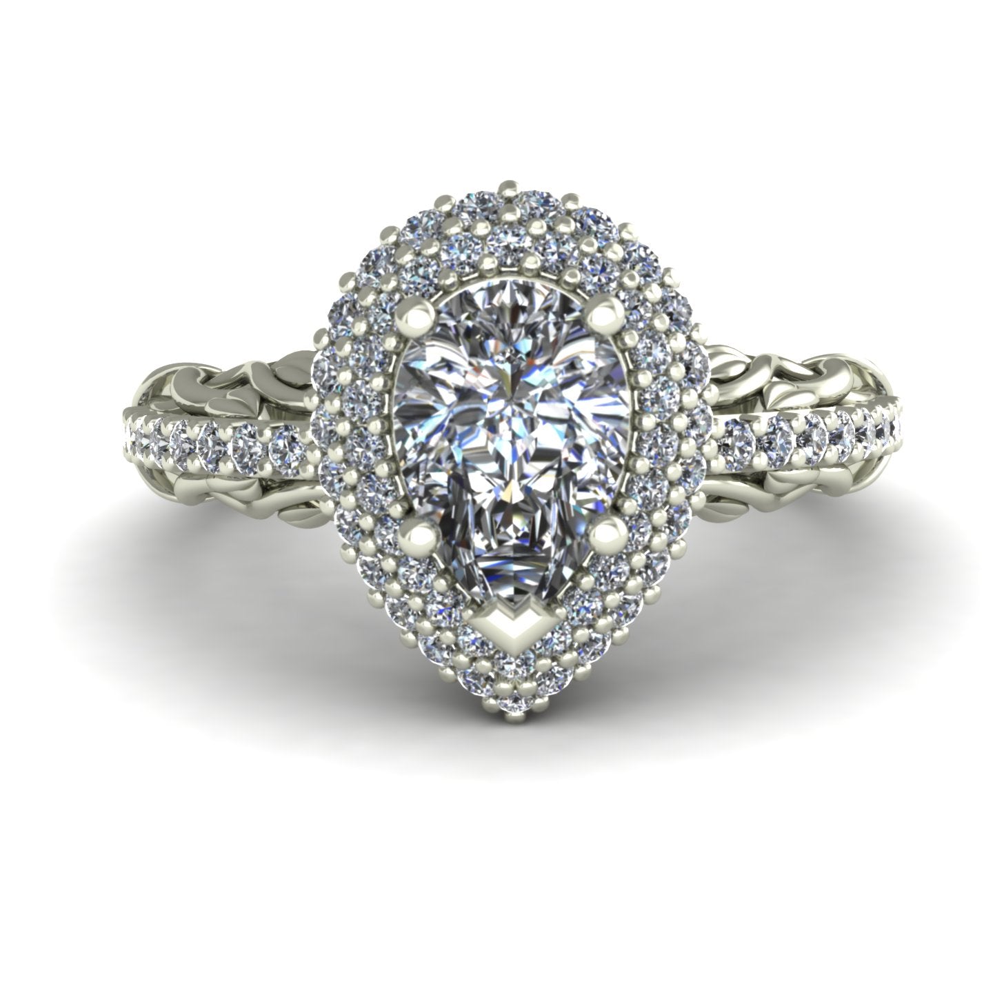 pear cut diamond double halo engagement ring with leaves and vines in 14k white gold - Charles Babb Designs - top view