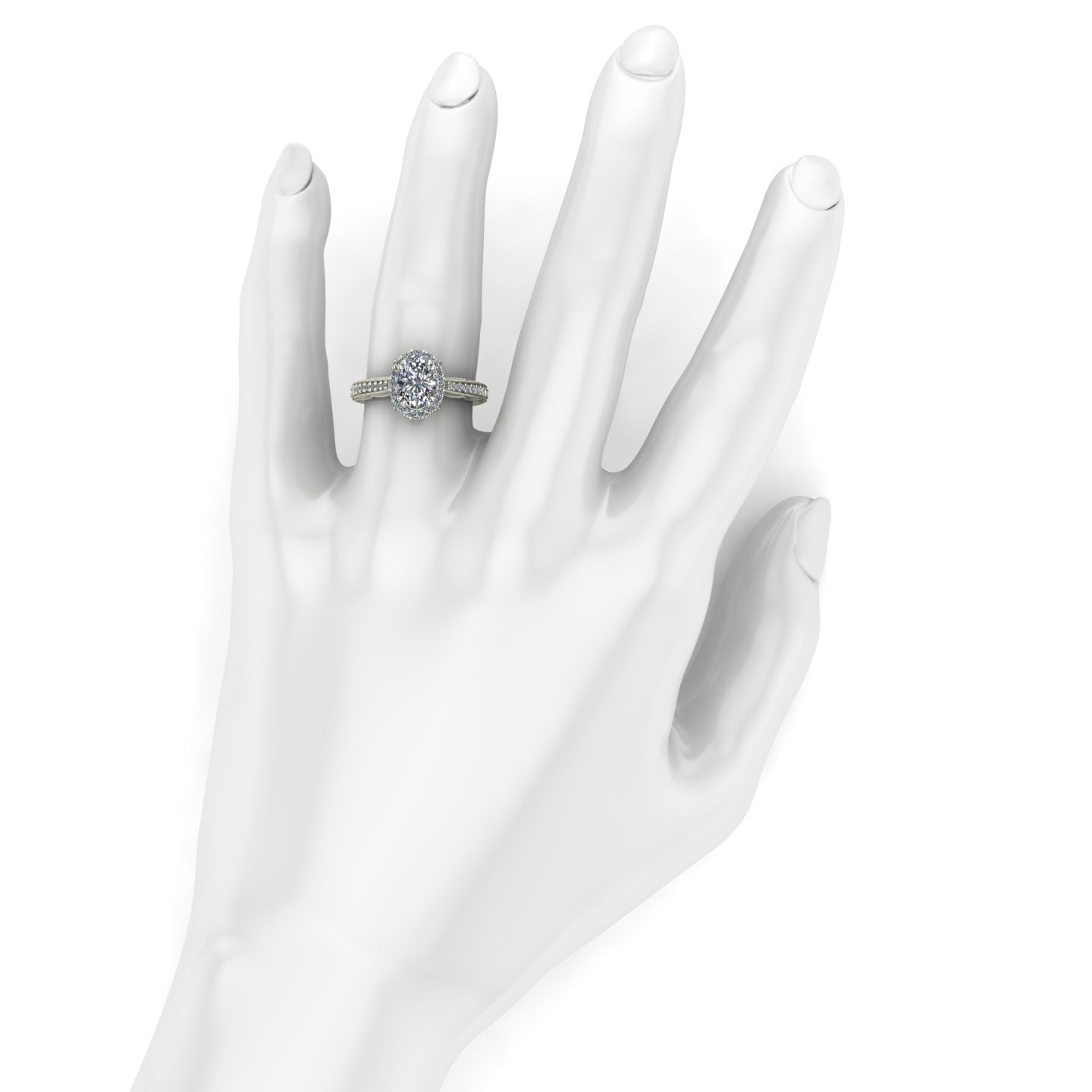 one carat oval diamond halo engagement ring in 14k white gold - Charles Babb Designs - on hand