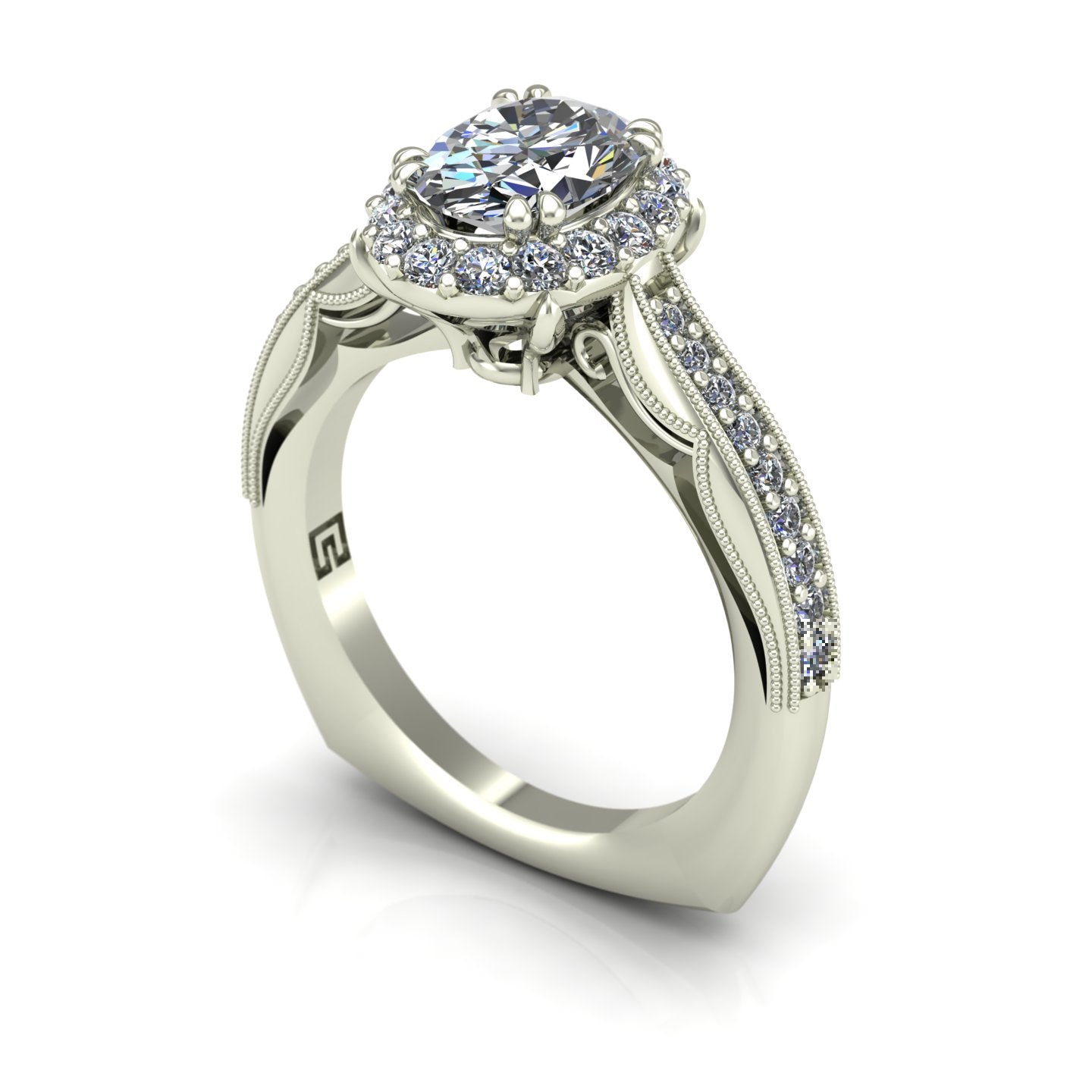 Oval diamond halo engagement ring in 14k white gold