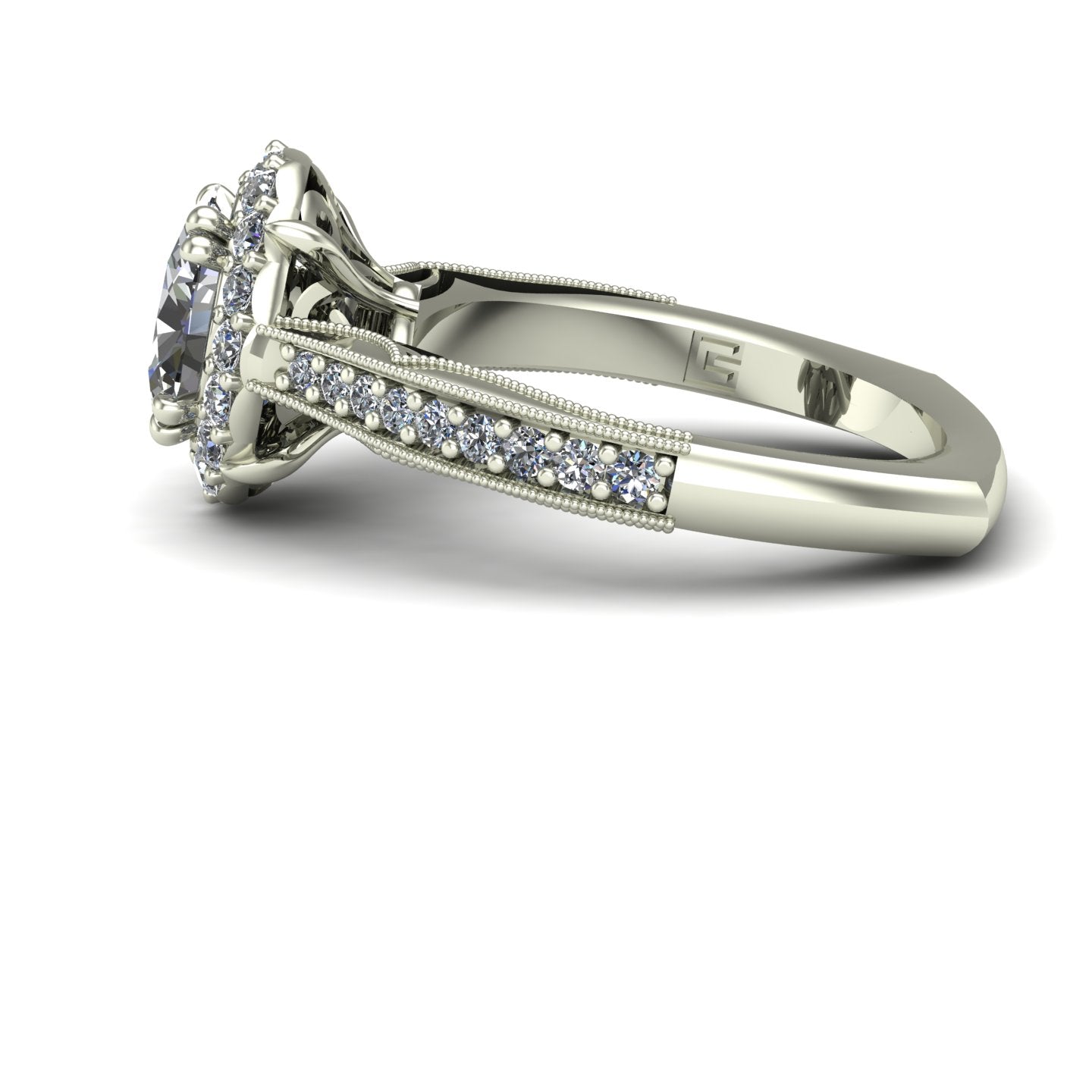 one carat oval diamond halo engagement ring in 14k white gold - Charles Babb Designs - side view