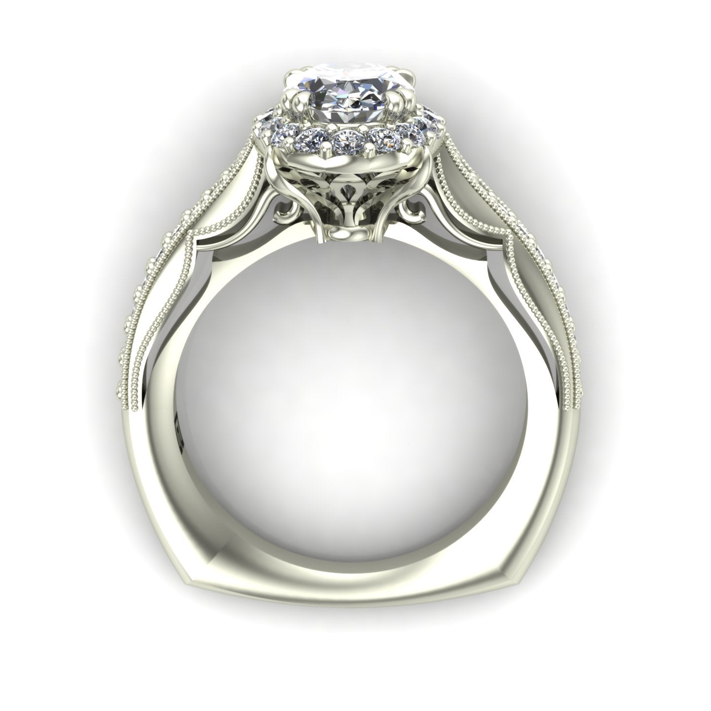 one carat oval diamond halo engagement ring in 14k white gold - Charles Babb Designs - through finger view