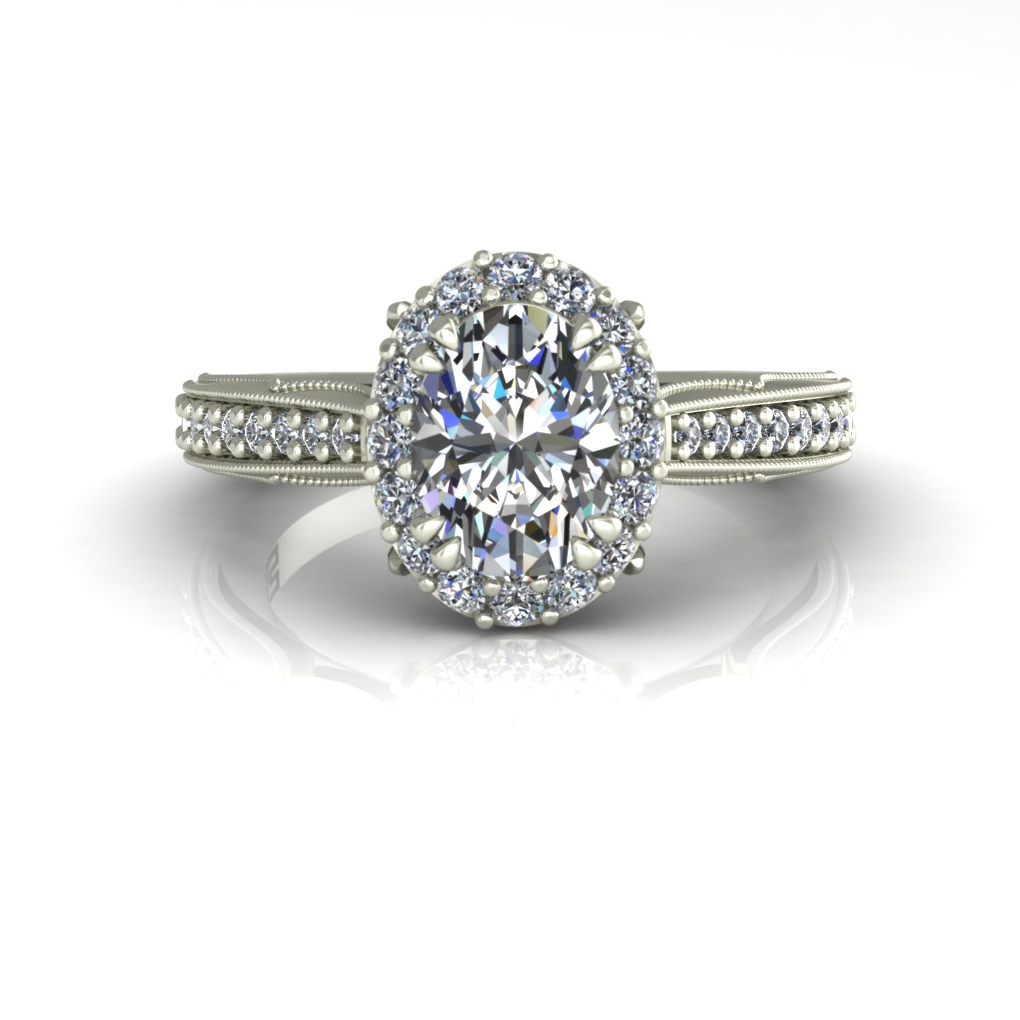 one carat oval diamond halo engagement ring in 14k white gold - Charles Babb Designs - top view