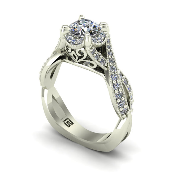 Diamond engagement ring with crossover shank in 14k white gold