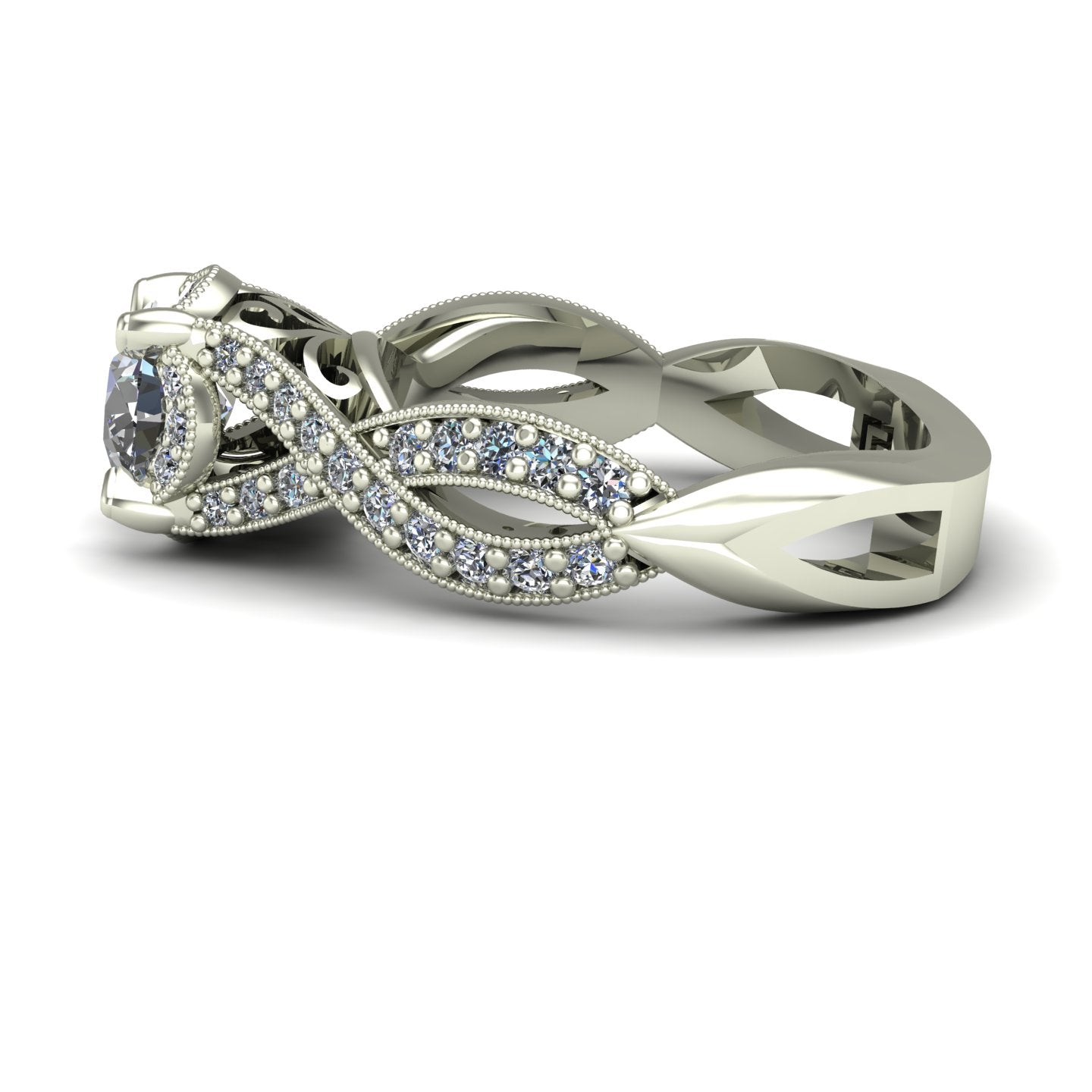 three quarter carat diamond engagement ring crossover shank 14k white gold - Charles Babb Designs - side view