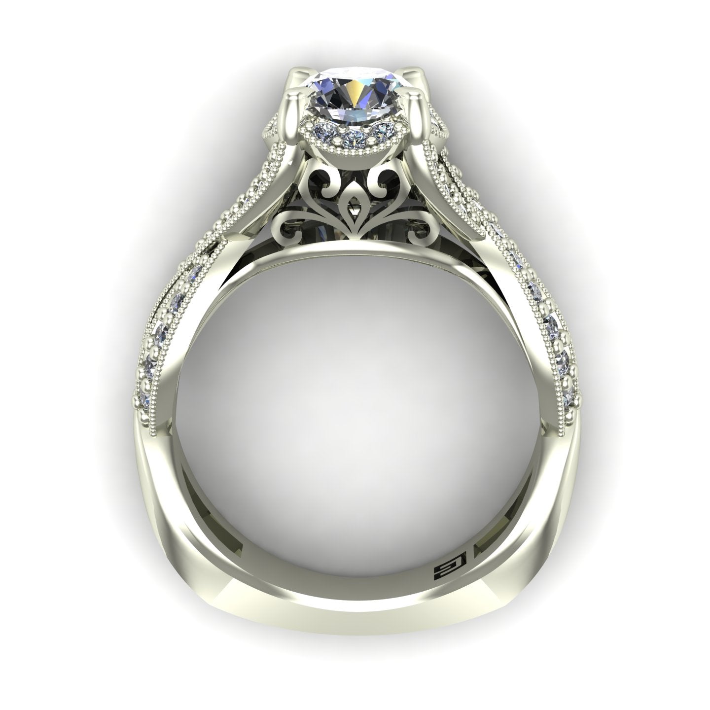 three quarter carat diamond engagement ring crossover shank 14k white gold - Charles Babb Designs - through finger view