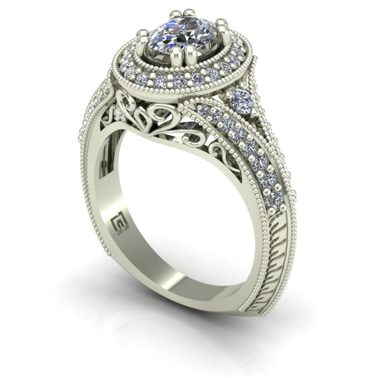 oval diamond engagement ring with halo and split shank in 14k white gold - Charles Babb Designs