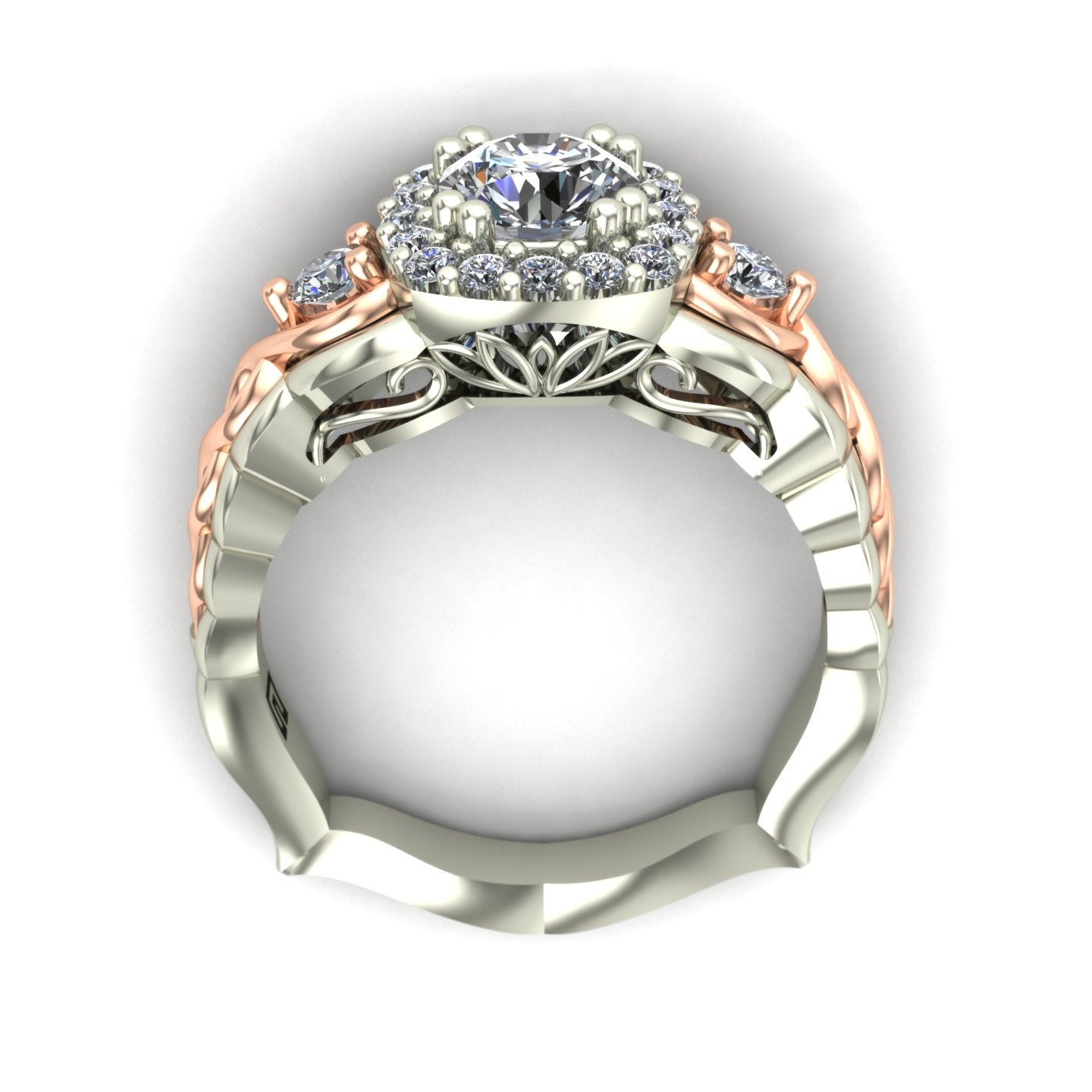 three quarter carat diamond two tone engagement ring in 14k white and rose gold - Charles Babb Designs - through finger view
