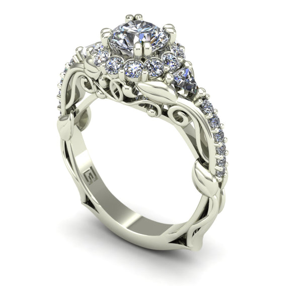 Diamond halo engagement ring with trillion and vines in 14k white gold ...